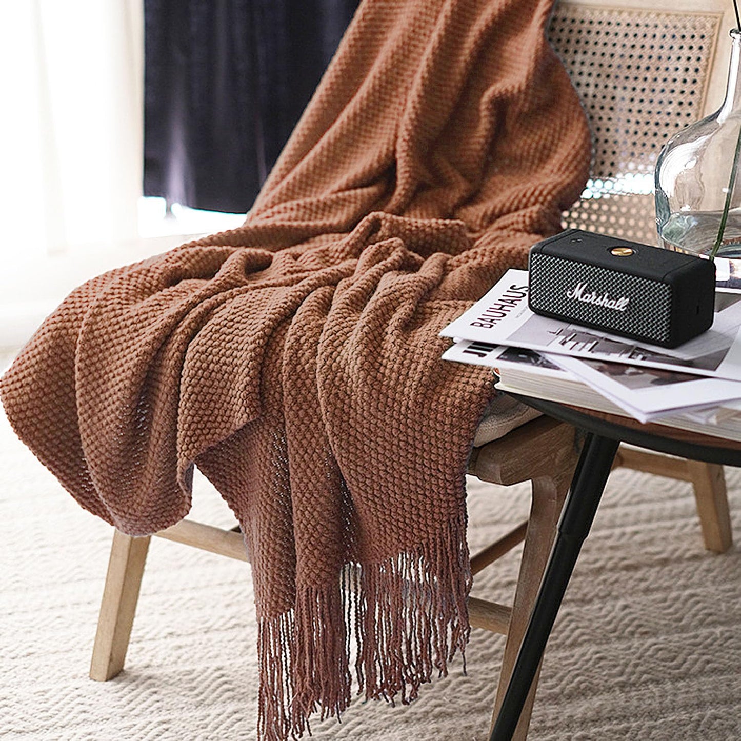 LOMAO Knitted Throw Blanket with Tassels Bubble Textured Lightweight Throws for Couch Cover Home Decor (Caramel, 50x60)
