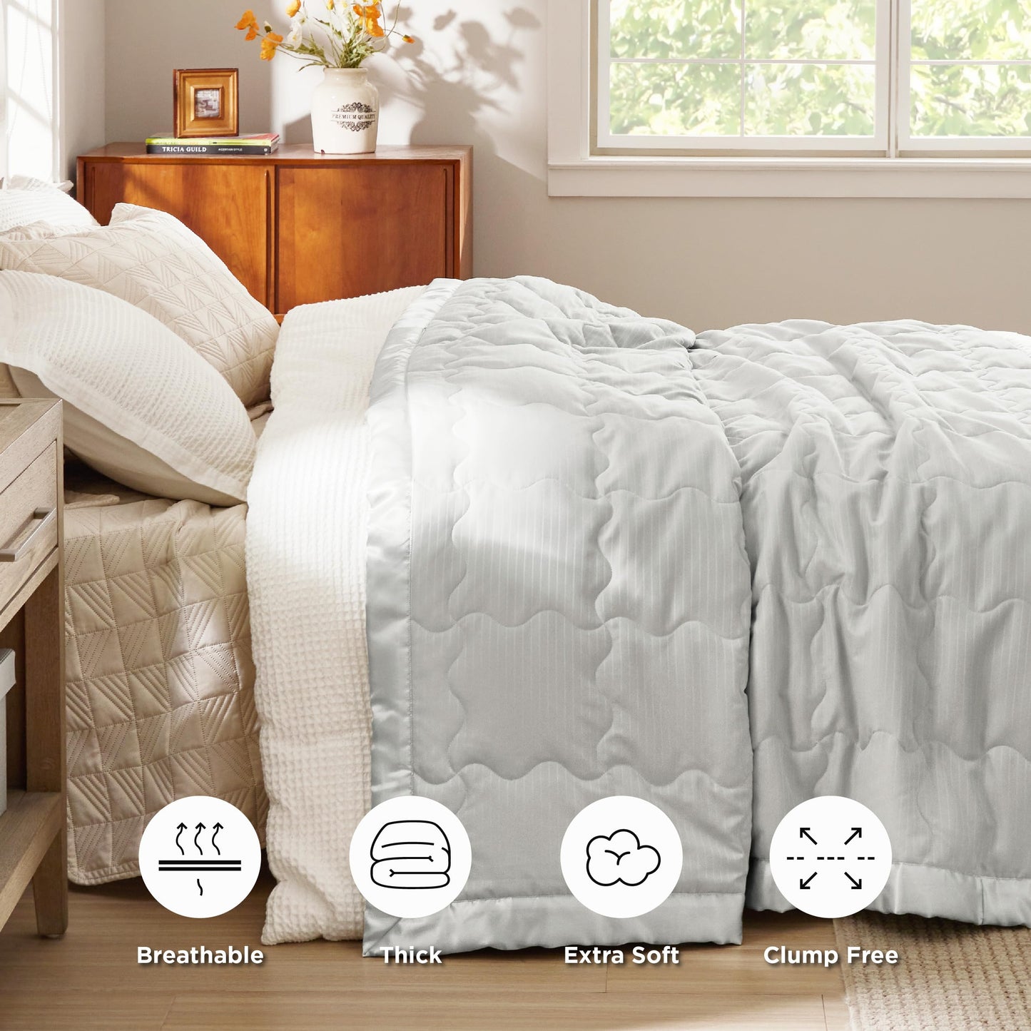 Bedsure Lightweight Blanket for Summer Queen Size - Down Alternative Blanket with Satin Trim for Bed, Light Summer Throw Grey, 90x90 Inches
