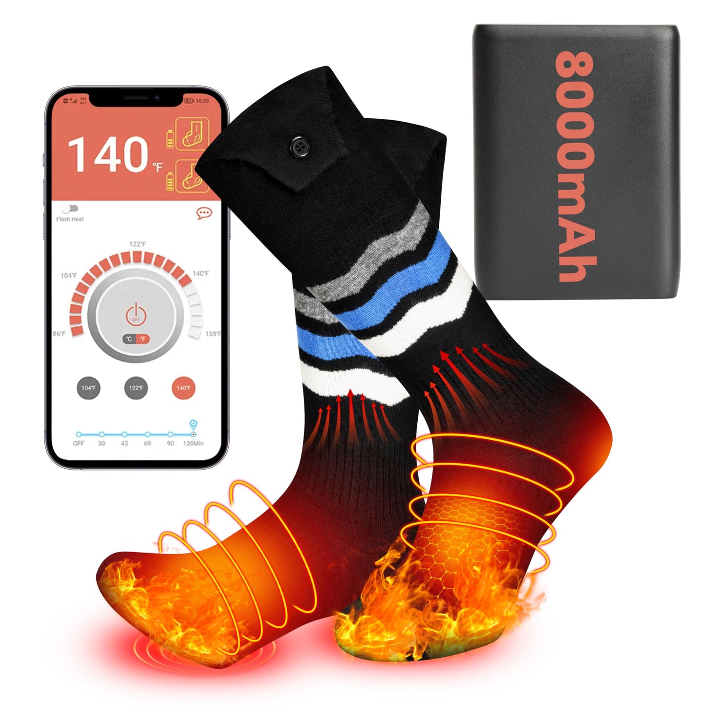 Heated Socks, Heated Socks for Men Women with APP Control, 8000mAh Rechargeable Electric Up to 10 Hours Washable Winter Warm Socks Foot Warmer for Skiing Cycling Camping