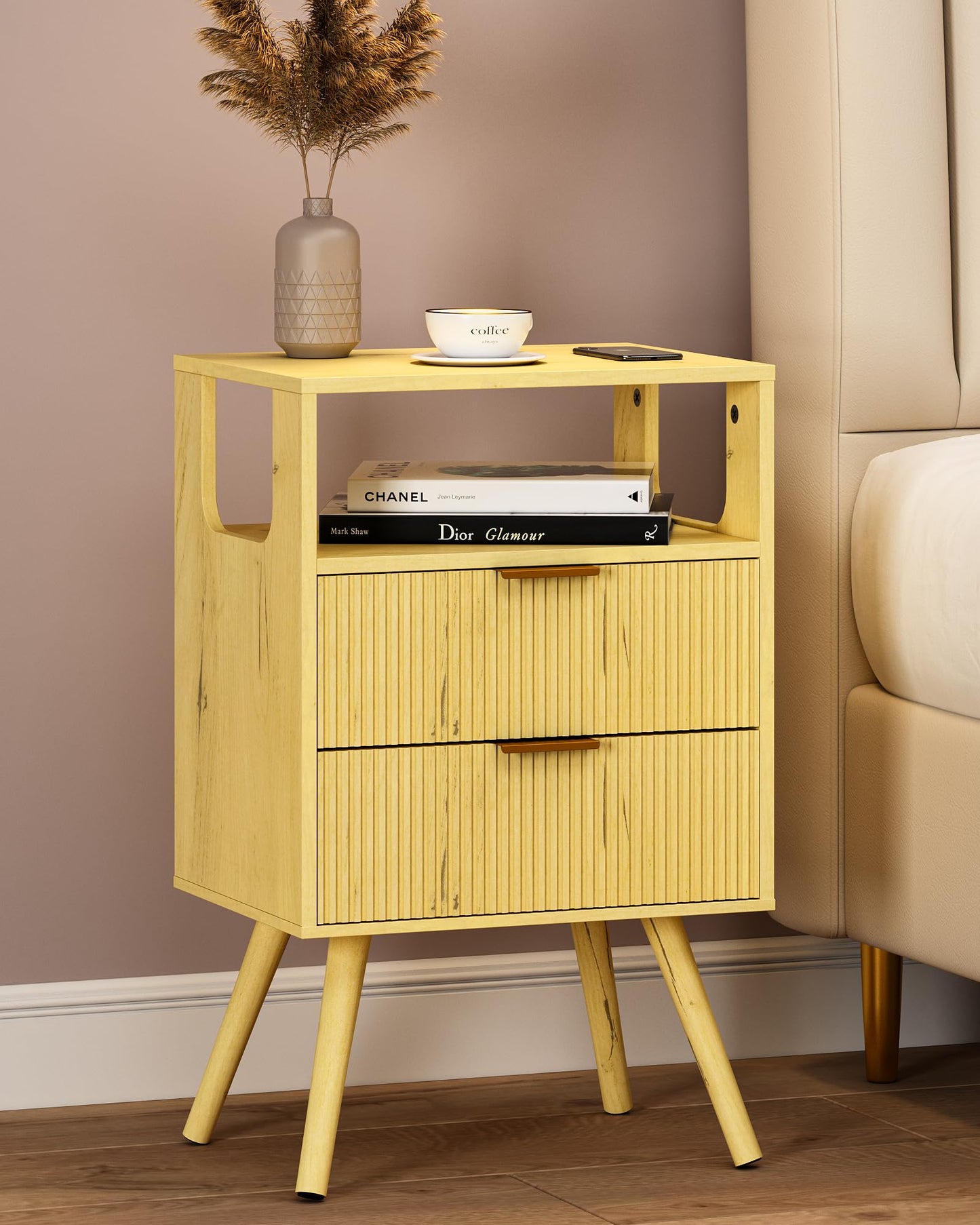 Leomonio Nightstand,Modern Bedside Table with 2 Storage Drawer and Open Wood Shelf, for Bedroom and Small Spaces,Night Stand with Solid Wood Legs, Yellow Oak