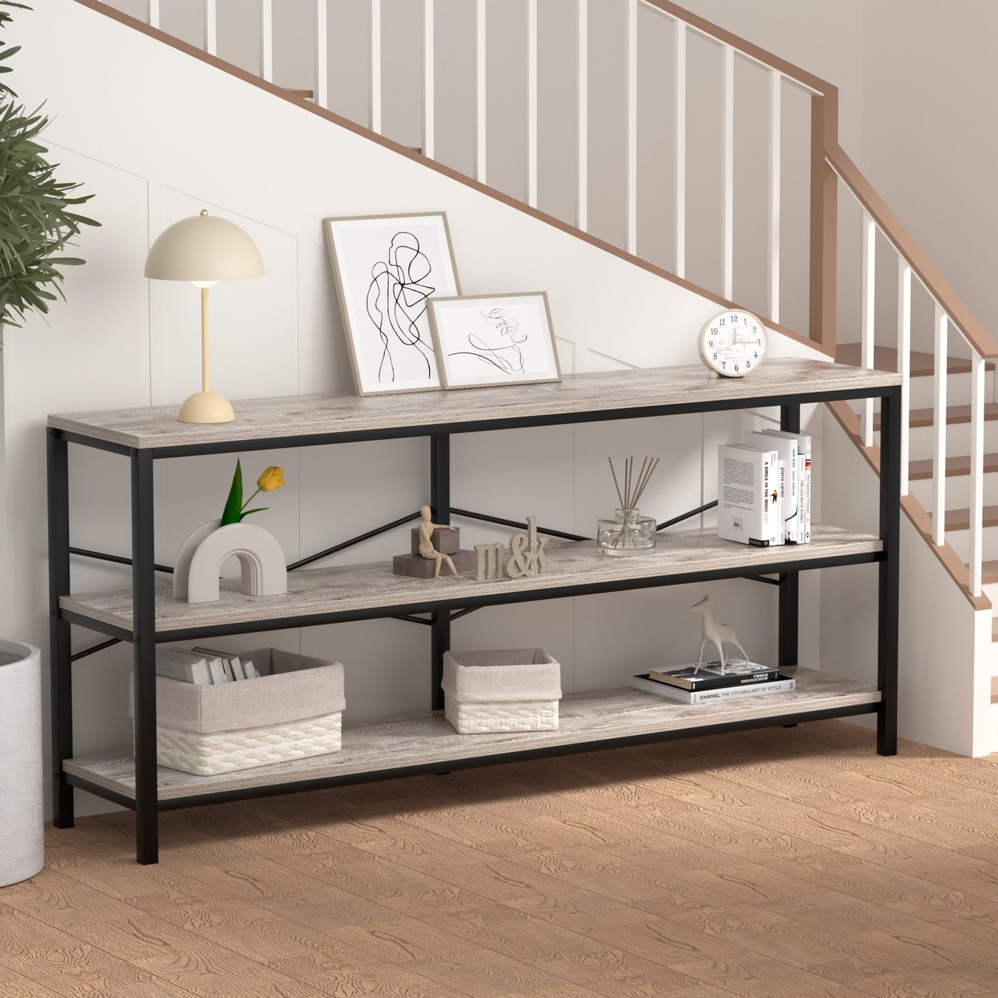 Vida Vistoso 71 Inch Industrial Console Table Behind Couch, Extra Long Sofa Table with 3 Tier Wood Storage Shelves, TV Table with Metal Frame for Living Room, Foyer, Hallway (Oak Grey)