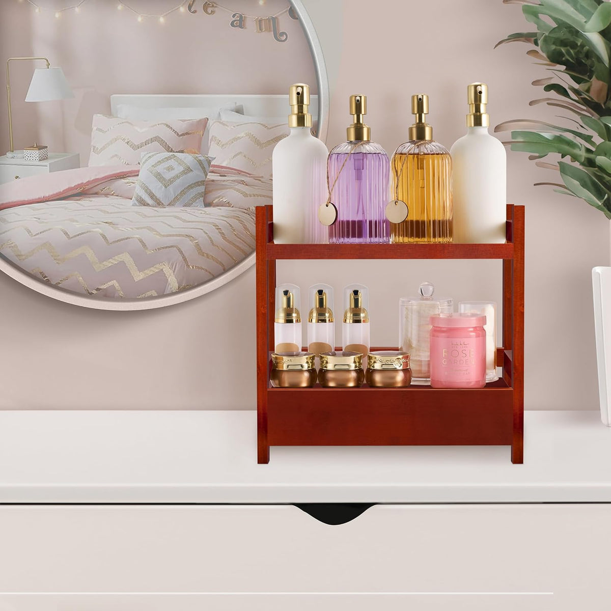 Sorbus Bamboo Bathroom Counter Organizer – 2-Tier Shelf with Hidden Drawer for Vanity, Matcha Station, Bathroom Sink Organizer Countertop, Kitchen & Office Storage (13″ L x 6.5″ W x 12.6″ H) (Brown)