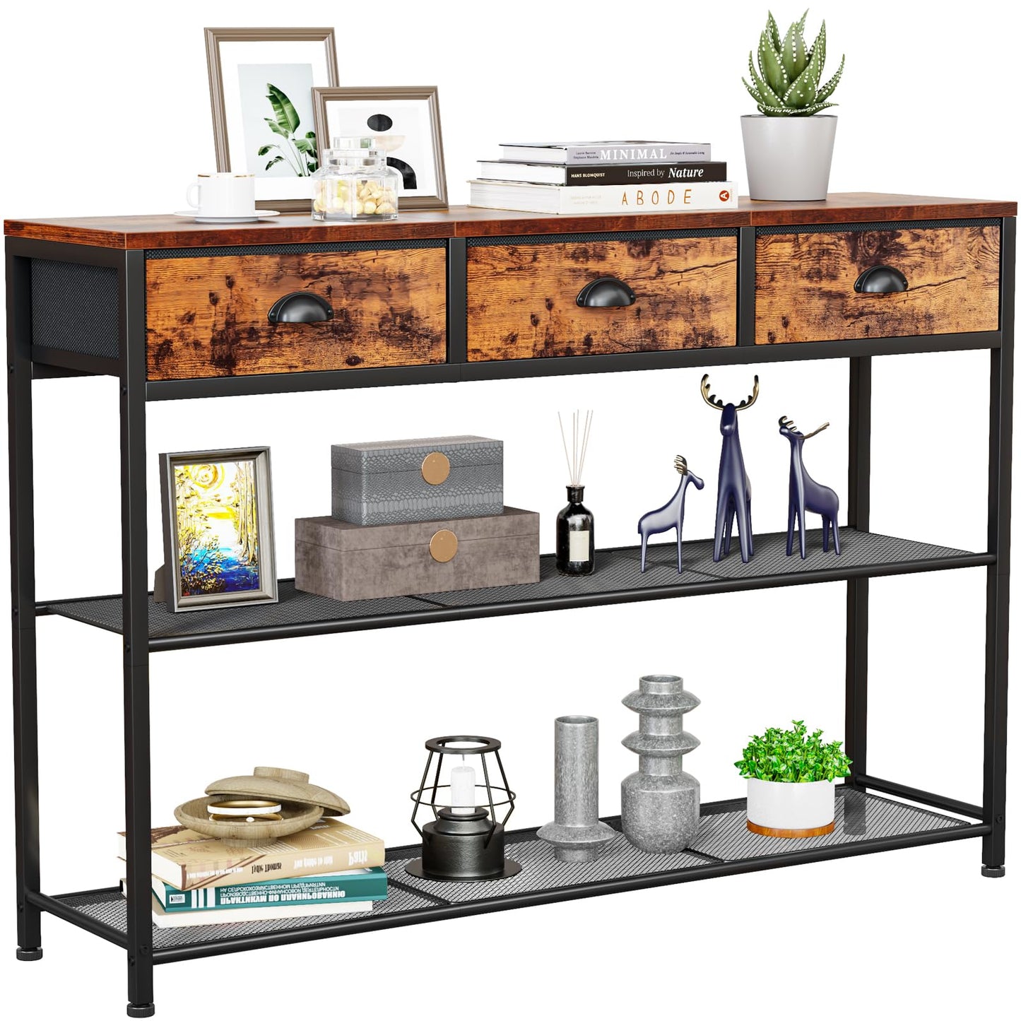 Furologee Entryway Table, 38'' Console Sofa Table with 3 Fabric Drawers, Industrial Entry Way Table with Storage Shelves, Display Shelf for Living Room, Hallway, Entrance, Foyer, Rustic Brown