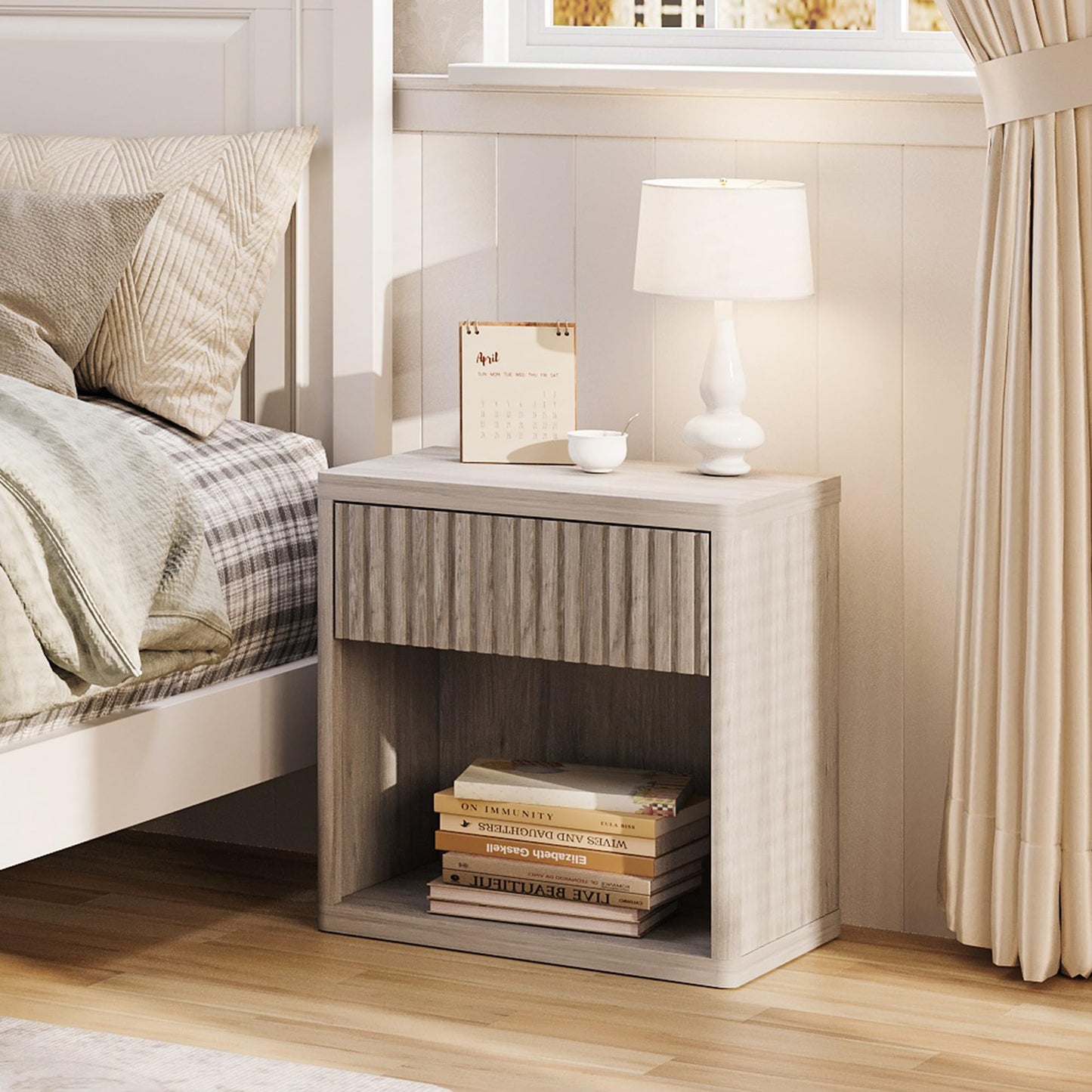 GRUSIGN Nightstand with Drawer Storage Fluted Bed Side Table End Table Large Modern 22.76" Wide Bedside Stand Mid Century Night Stands for Bedroom Living Room Sofa Couch Home Office, Light Grey