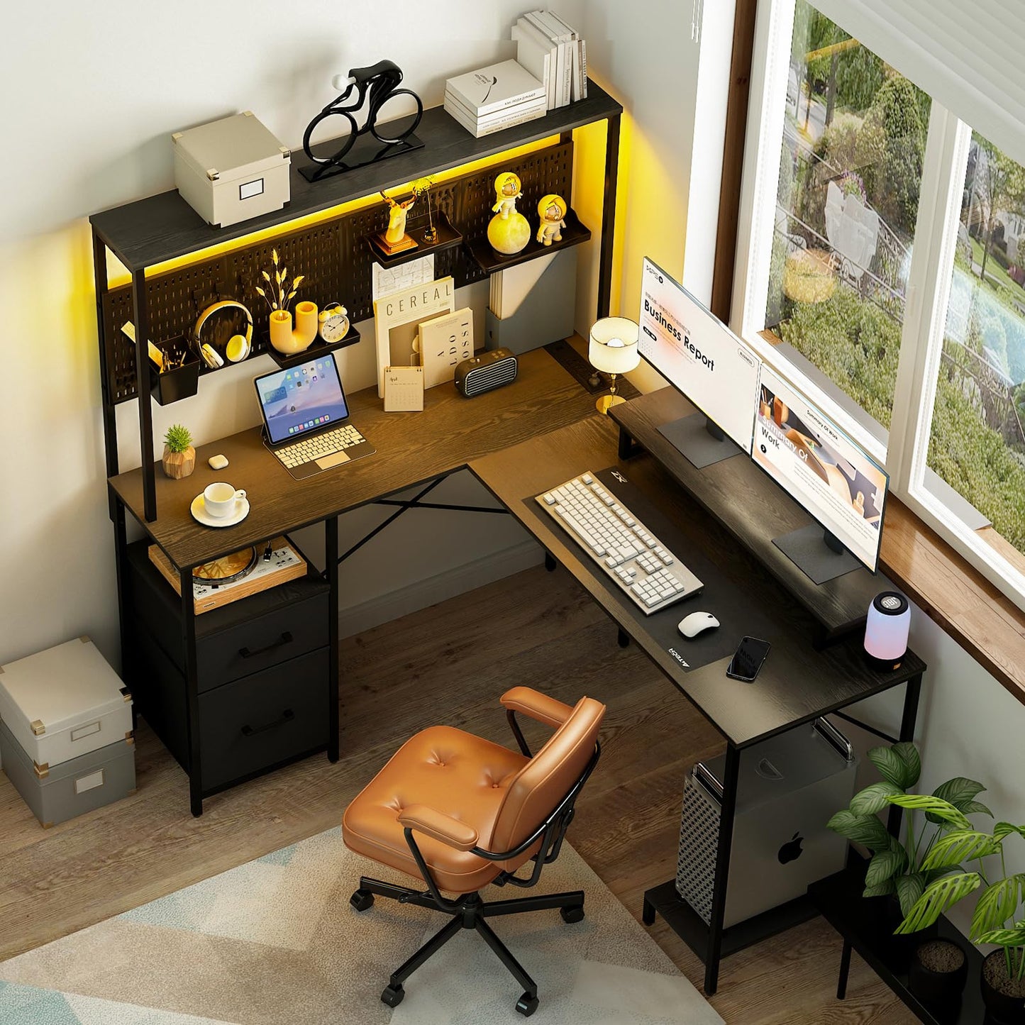 Yoobure L Shaped Desk with Pegboard, Reversible Computer Desk with Drawers & Storage Shelves, Gaming Desk with LED Lights & Power Outlets, Office Desk with Monitor Stand Corner Desk Home Office Desks