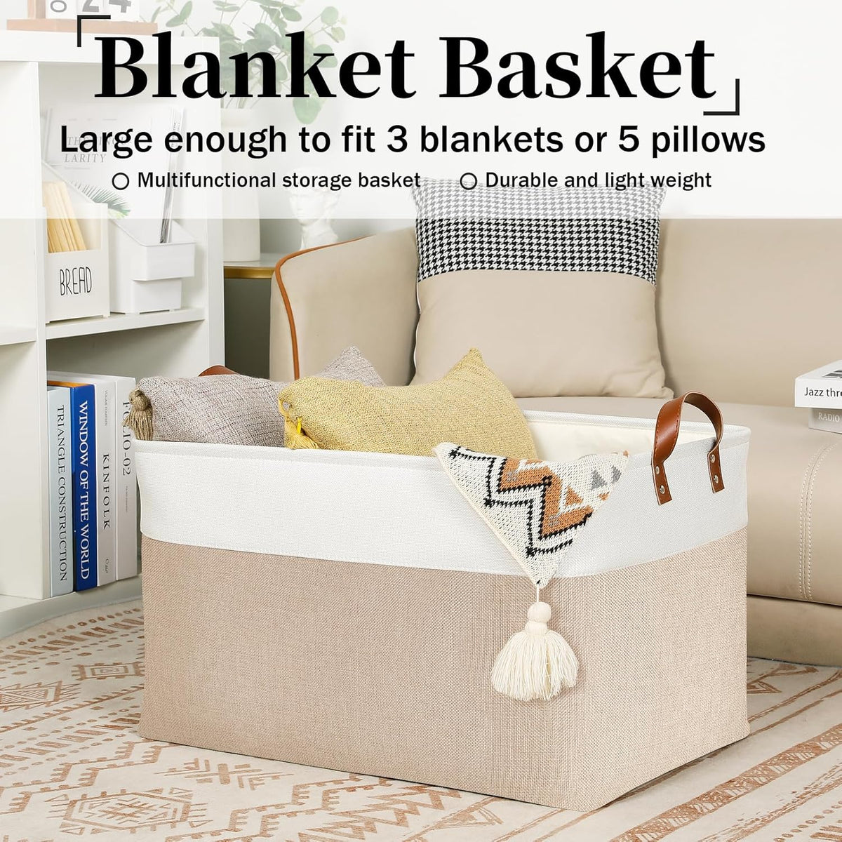 DULLEMELO Extra Large Baskets for Organizing, 22" X 15" X 13" Rectangle Fabric Storage Bins, Foldable Blanket Basket Living Room, Large Kids Toy Storage Organizer Bins, Baby Basket Gift (White&Khaki)