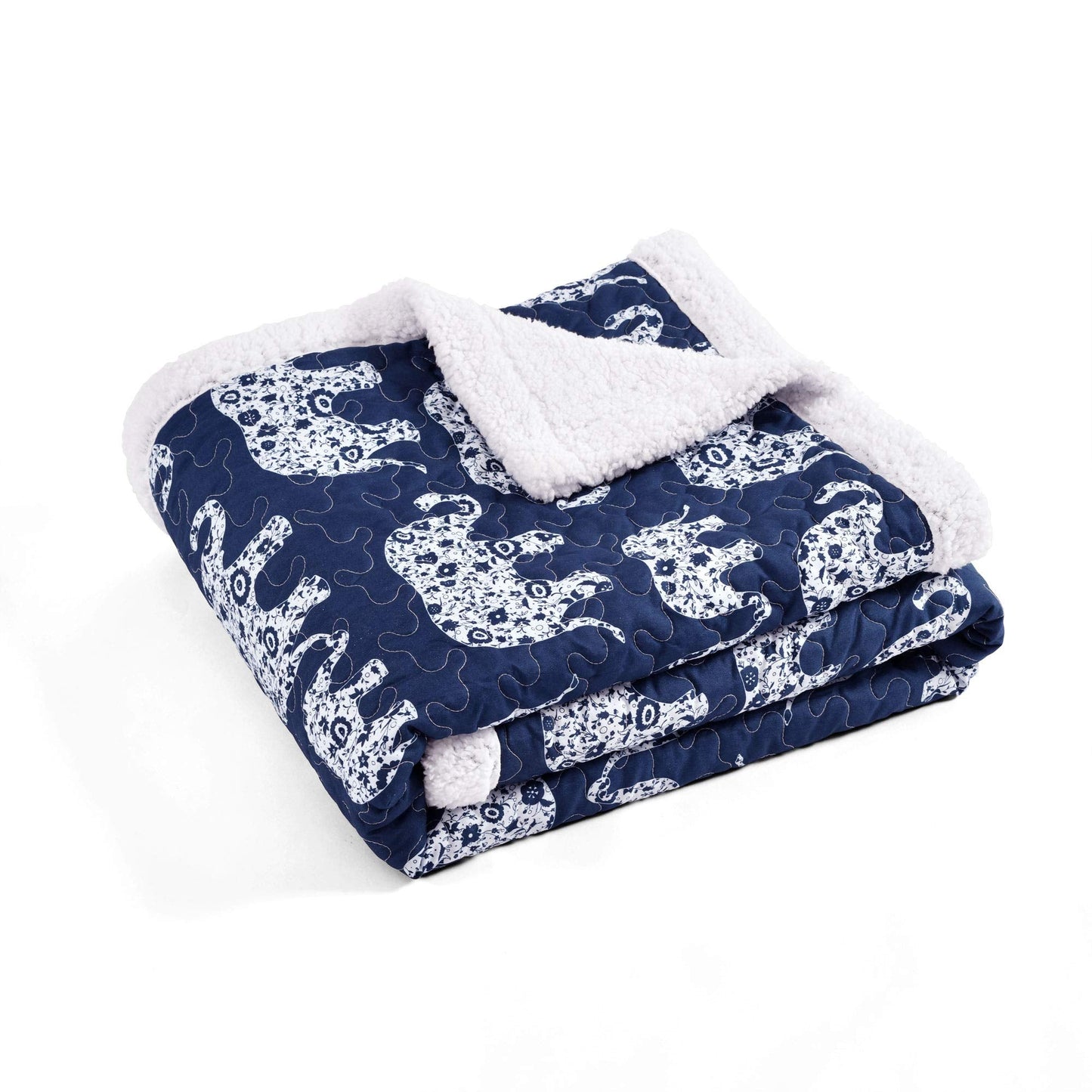 Lush Decor Navy Elephant Parade Throw Fuzzy Reversible Sherpa Blanket 60” x 50 White
