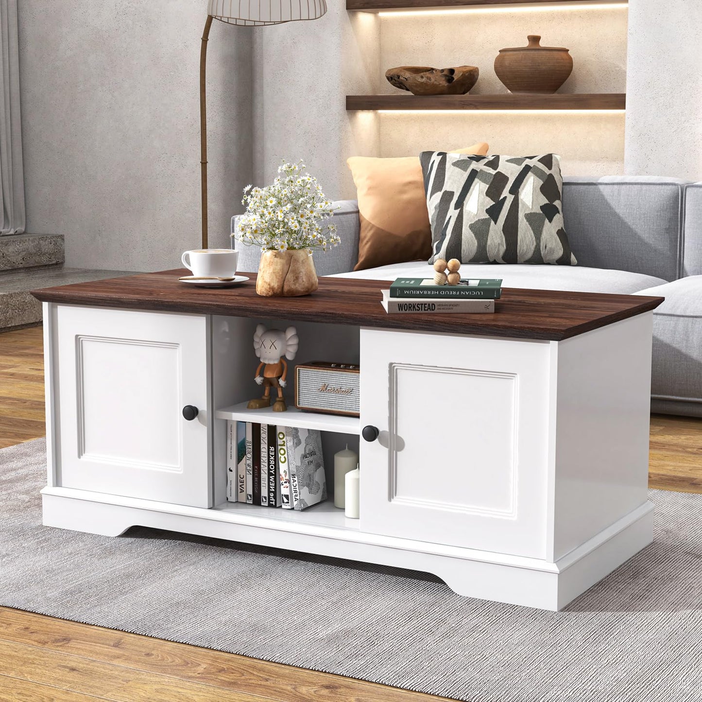 Patiorama 48'' Front-and-Back Symmetrical Farmhouse Coffee Table w/Storage & 4 Sliding Barn Doors, Wood Rustic Center Table w/Adjustable Shelves,Mid Century Mordern Coffee Table for Living Room,White