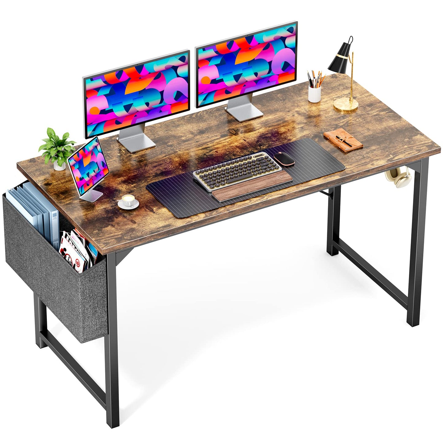 OLIXIS Computer Office Desk, 55 Inch Writing Work Study PC Wood Modern Desk with Storage Bag & Headphone Hook Simple Bedroom for 2 Person Kids Student Table, Rustic Brown