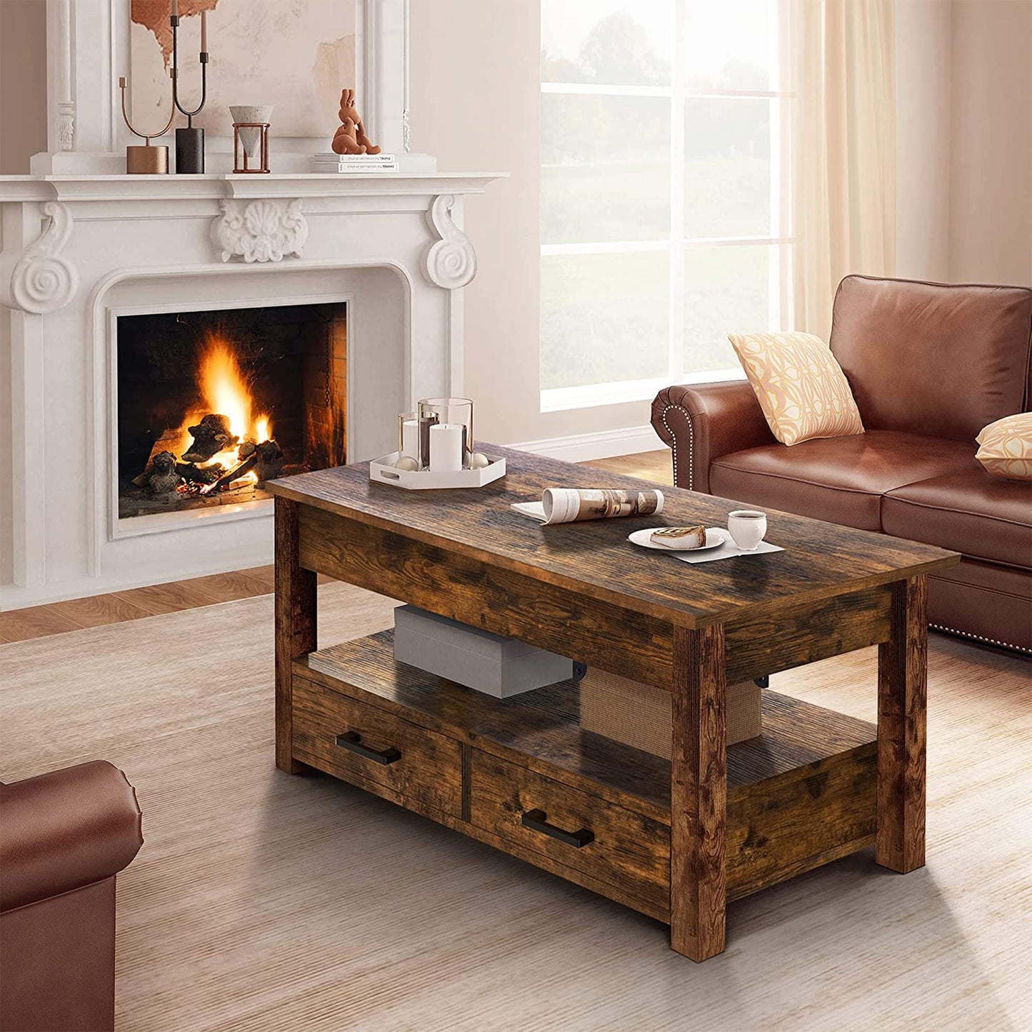 FABATO 41.7'' Lift Top Coffee Table with 2 Storage Drawer Hidden Compartment Open Storage Shelf for Living Room Dining Table Reception Room Rustic Brown