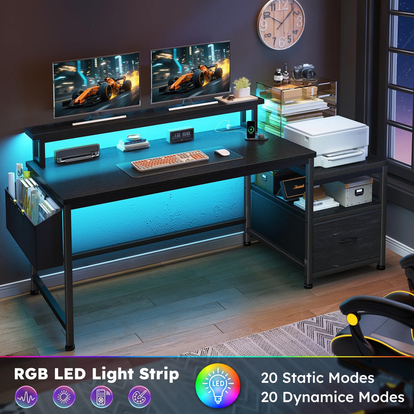 DurayLoly Computer Desk with Power Outlets and LED Lights,57" Home Office Desks with Drawers and Printer Space,Office Desk with File Drawers Cabinet,Gaming Table with Shelves Monitor Stand,Black