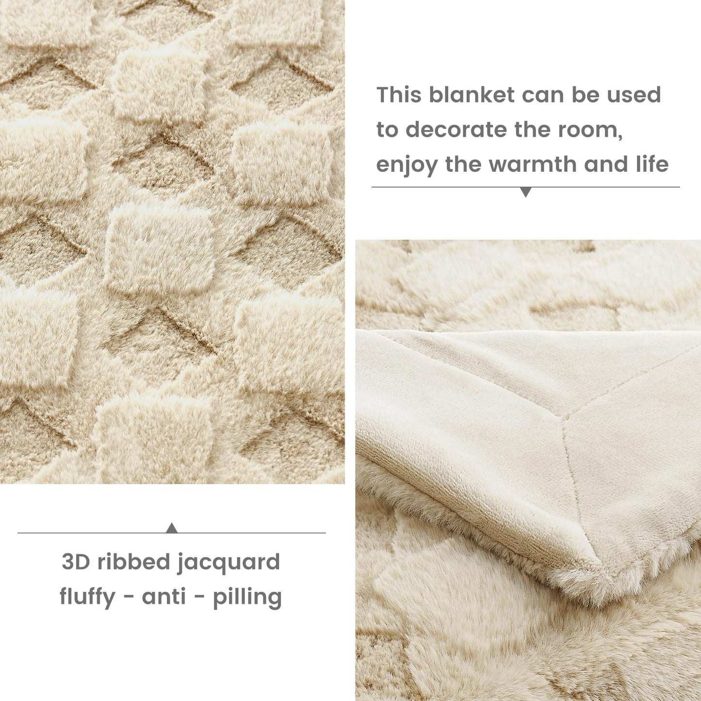 Cozy Bliss Faux Fur Throw Blanket for Couch - Clearance Soft Checkered Fuzzy Cozy Throw Gift Blankets for Women,Beige Boho Blanket for Sofa Bedroom Living Room.50 * 60 Inches