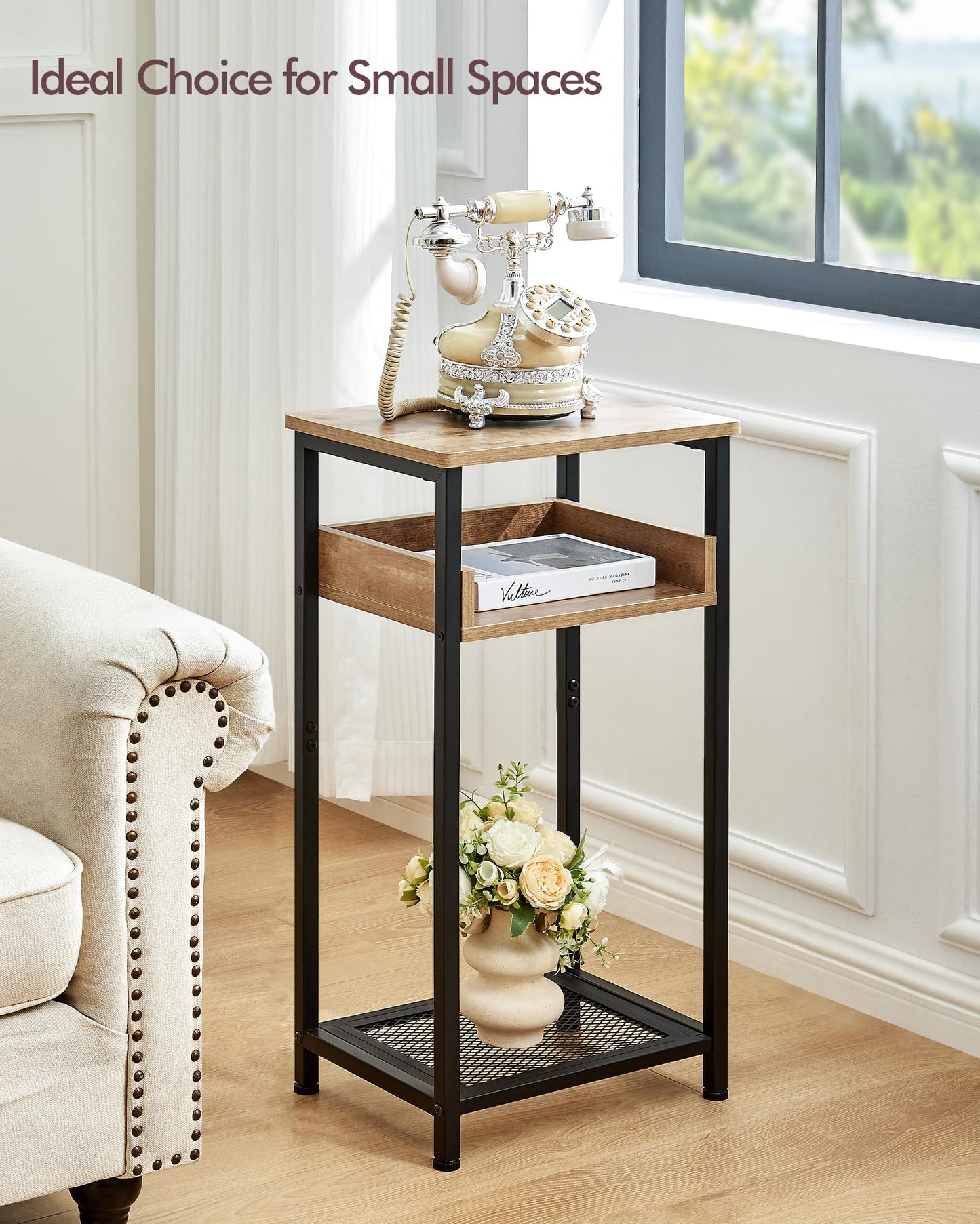 KJGKK Tall Side Table, 30 inch High End Table, Small Entryway Table, Bedside Table for Living Room and Bedroom, Greige & Black