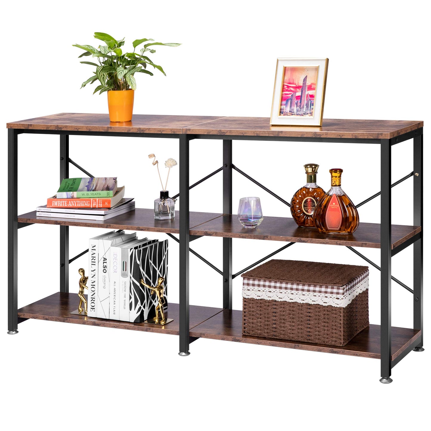 VIVOHOME 55 Inch Entryway Console Table, Narrow Industrial Sofa Table Behind Couch with 3-Tier Storage Shelves, Metal Frame, Easy Assembly, for Hallway, Living Room