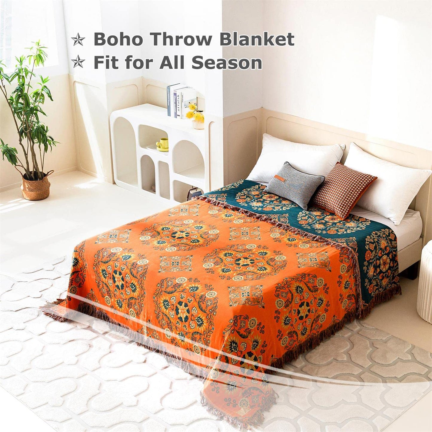 Boho Throw Blanket for Bed 100% Cotton Ultra Soft Rustic Quilt Floral Printed Farmhouse Decor Summer Bed Blankets,60"×80" All Season Rustic Large Throw for Sofa Couch Chair