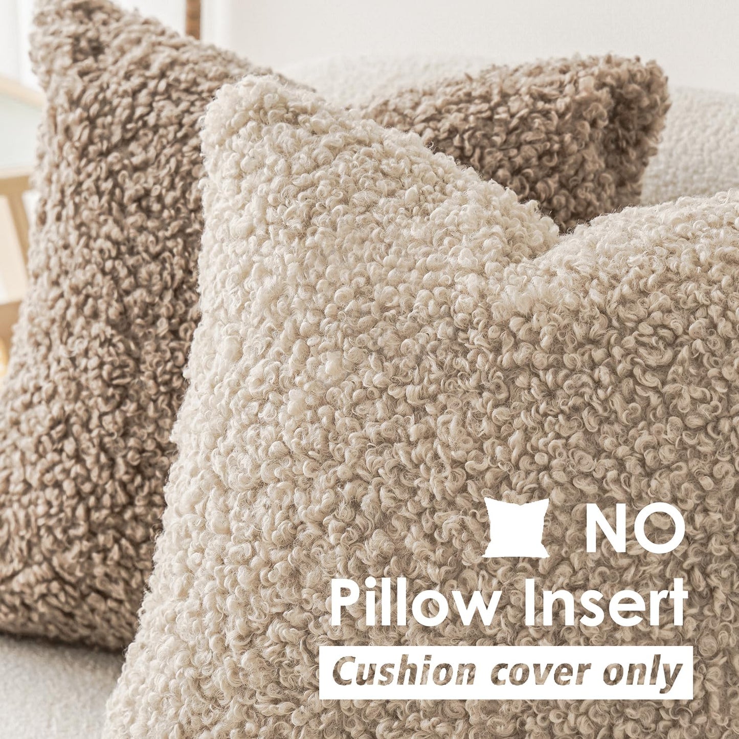 Foindtower Set of 2 Curly Teddy Wool Pillow Covers Decorative Boucle Textured Lumbar Throw Pillow Faux Fur Pillowcases Sheepskin Cushion Case for Sofa Bedroom Car 12"x20" Light Khaki
