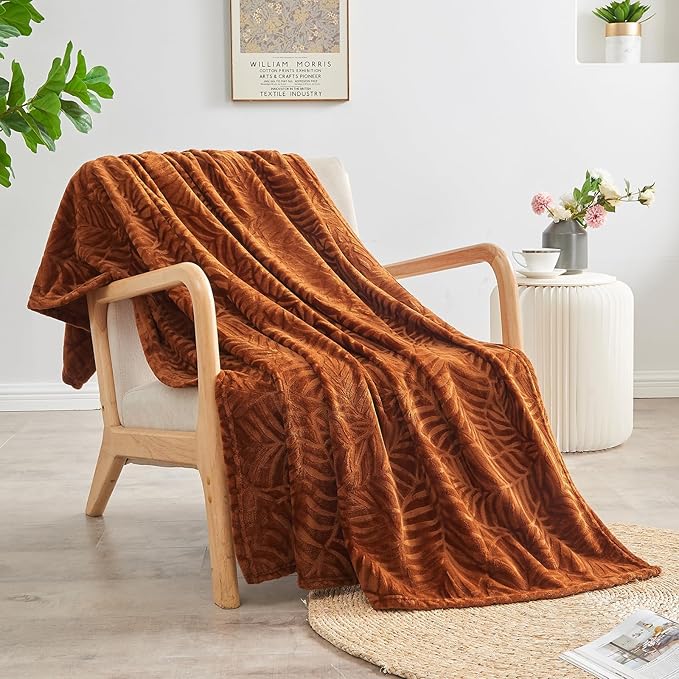 SOCHOW Super Soft Flannel Fleece Fall Throw Blanket, Lightweight Cozy Warm Leaves Textured Plush Blanket for Bed Couch Sofa, 50 x 60 Inches, Caramel