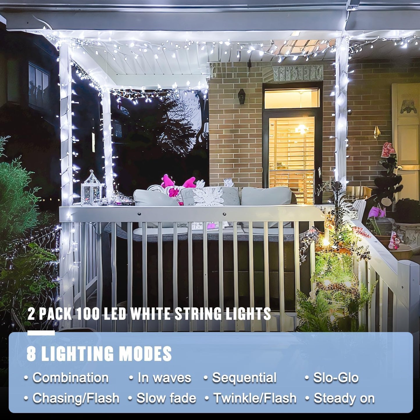 JMEXSUSS 2 Pack 100 LED White Christmas Lights Indoor, 33ft 8 Modes White String Lights Indoor Outdoor Connectable, Clear Wire Christmas String Lights for Bedroom Tree Xmas House Party Decorations