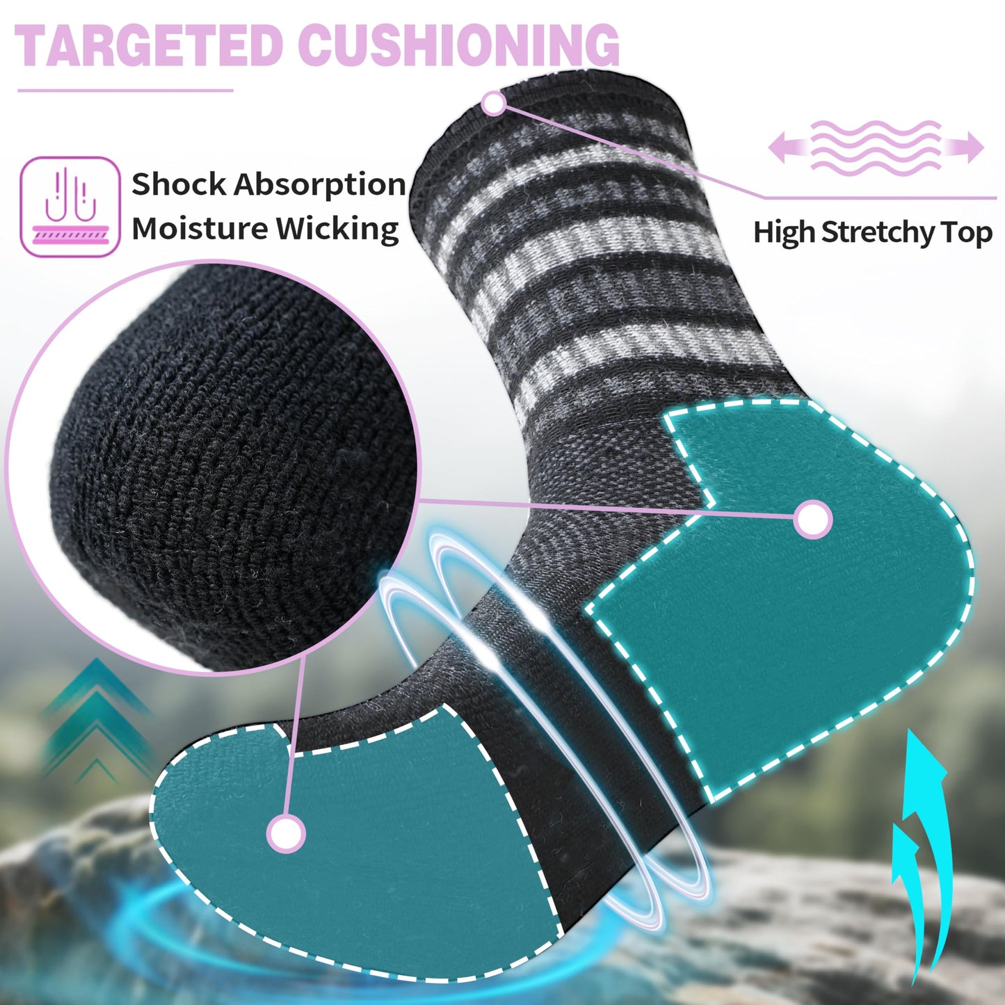 EBMORE Womens Merino Wool Hiking Socks Thermal Warm Winter Boot Crew Cushion Work Gift Socks 5 Pairs(Striped-Black,M)