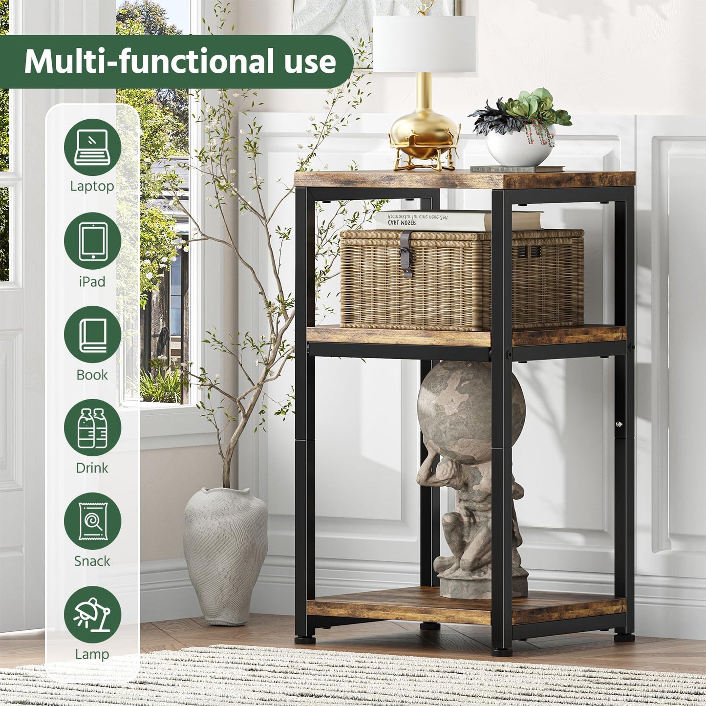 Simple Trending 3 Tier End Table, Side Table Sofa Couch Table, Tall Night Stand Storage Shelf for Living Room, Rustic Brown