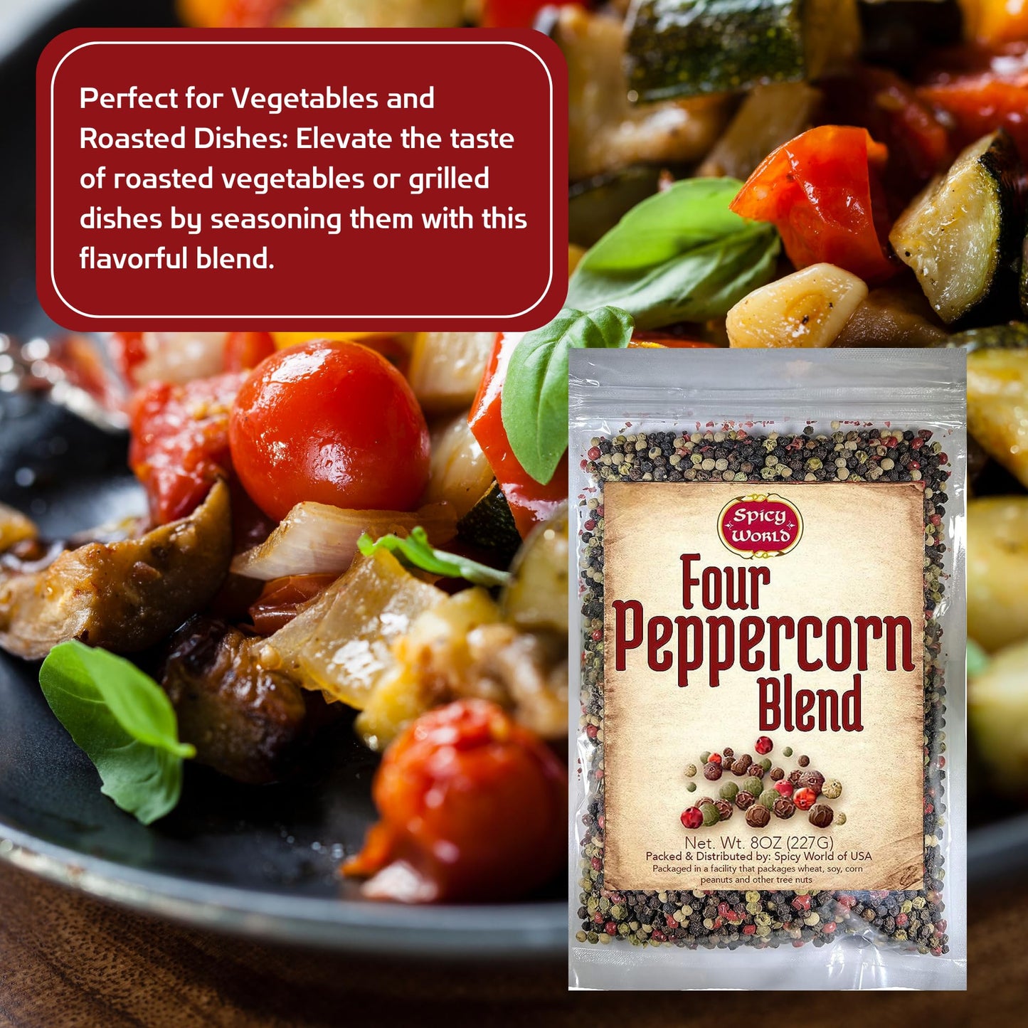 Spicy World Four Peppercorn Rainbow Blend in Resealable Bag – Perfect Flavor Blend - NON-GMO, Steam Sterilized - Whole Black, Whole Green, Whole White & Whole Pink Peppercorns, 8 Oz