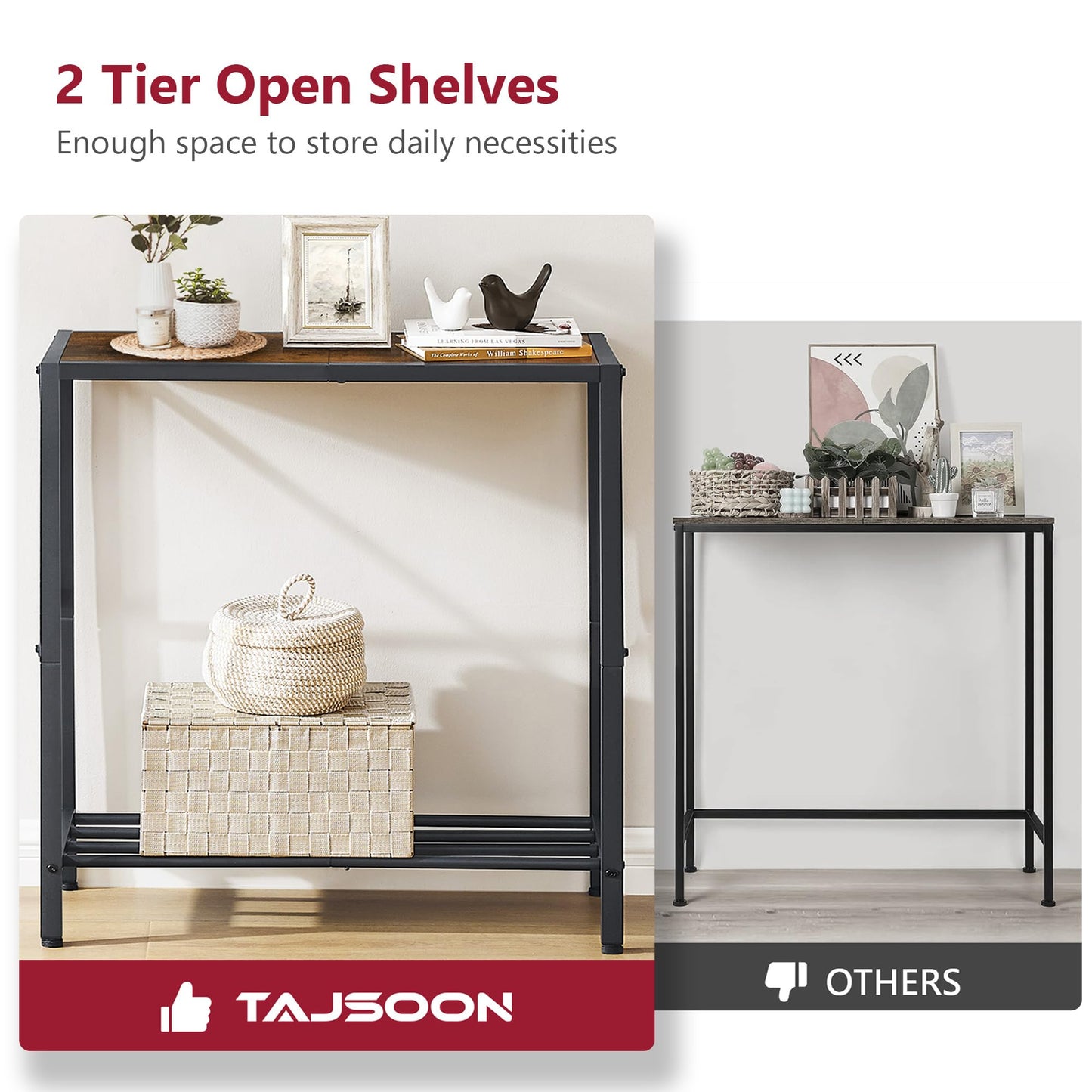 Tajsoon Console Table, 2 Tier Small Hallway Table, Narrow Sofa Table for Entryway with Open Shelves for Living Room, Hallway, Foyer, Office, Rustic Brown