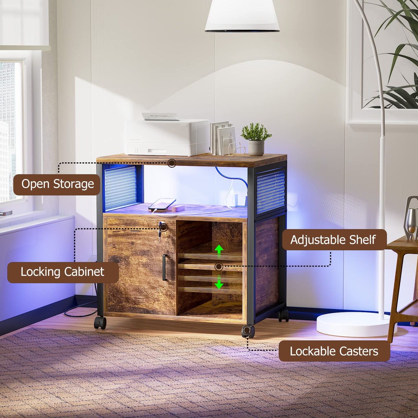 Unikito File Cabinet with LED Lights and Power Outlets, Rolling Printer Stand with Storage and USB Charging Ports, Lateral Office Filing Cabinet for Letter, A4, Legal and File Folders, Rustic Brown