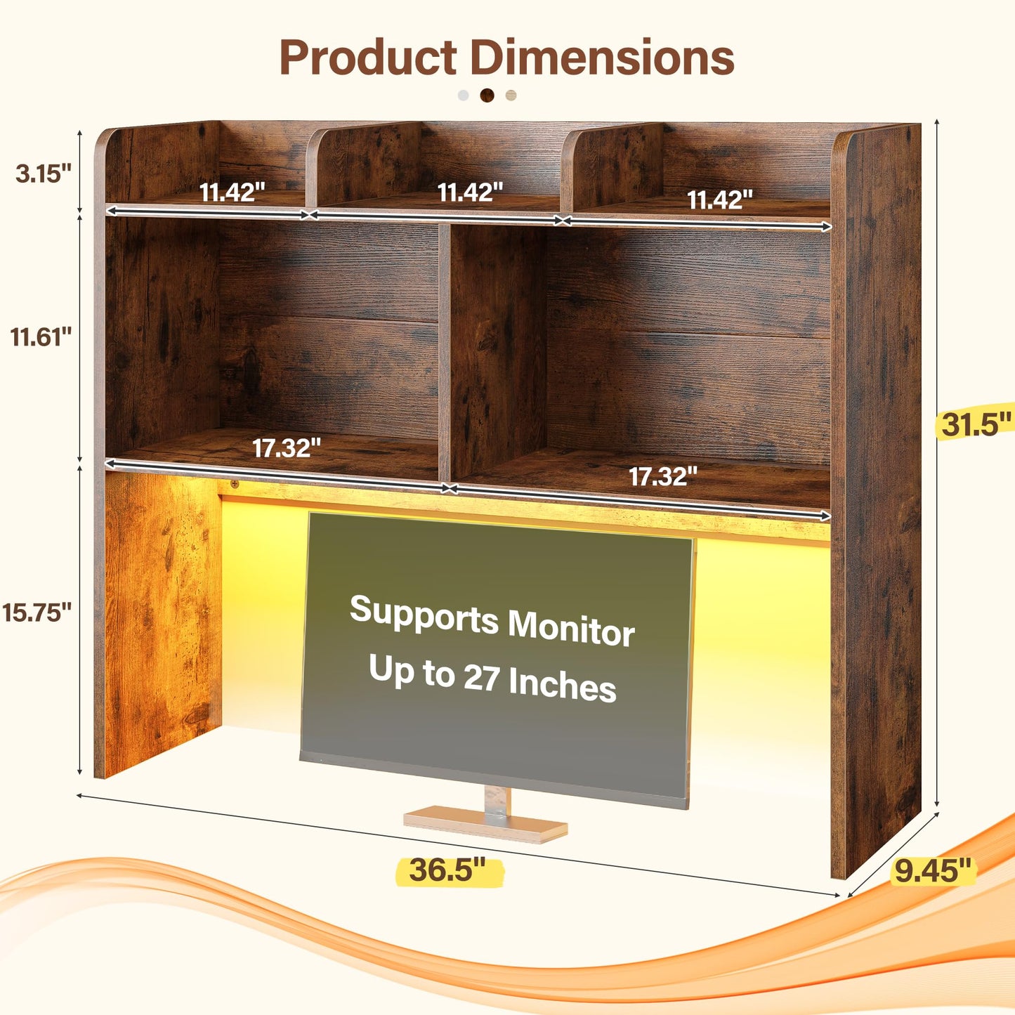REIBII Desk Hutch Dorm for Computer Monitor Up to 27", Dorm Desk Hutch Top Only with RGB Light Strip, Wooden Desktop Bookshelf with 6 Shelves, 3-Tier Desktop Shelf for Home Office Dorm, Rustic Brown