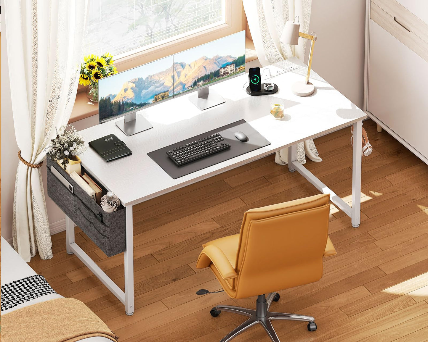 Casaottima Computer Desk, 54 inch Office Desk with Storage Bag, Writing Work Desk with Charging Station Outlets Built-in for Home Office, Study, Large Legroom, Metal Frame, White