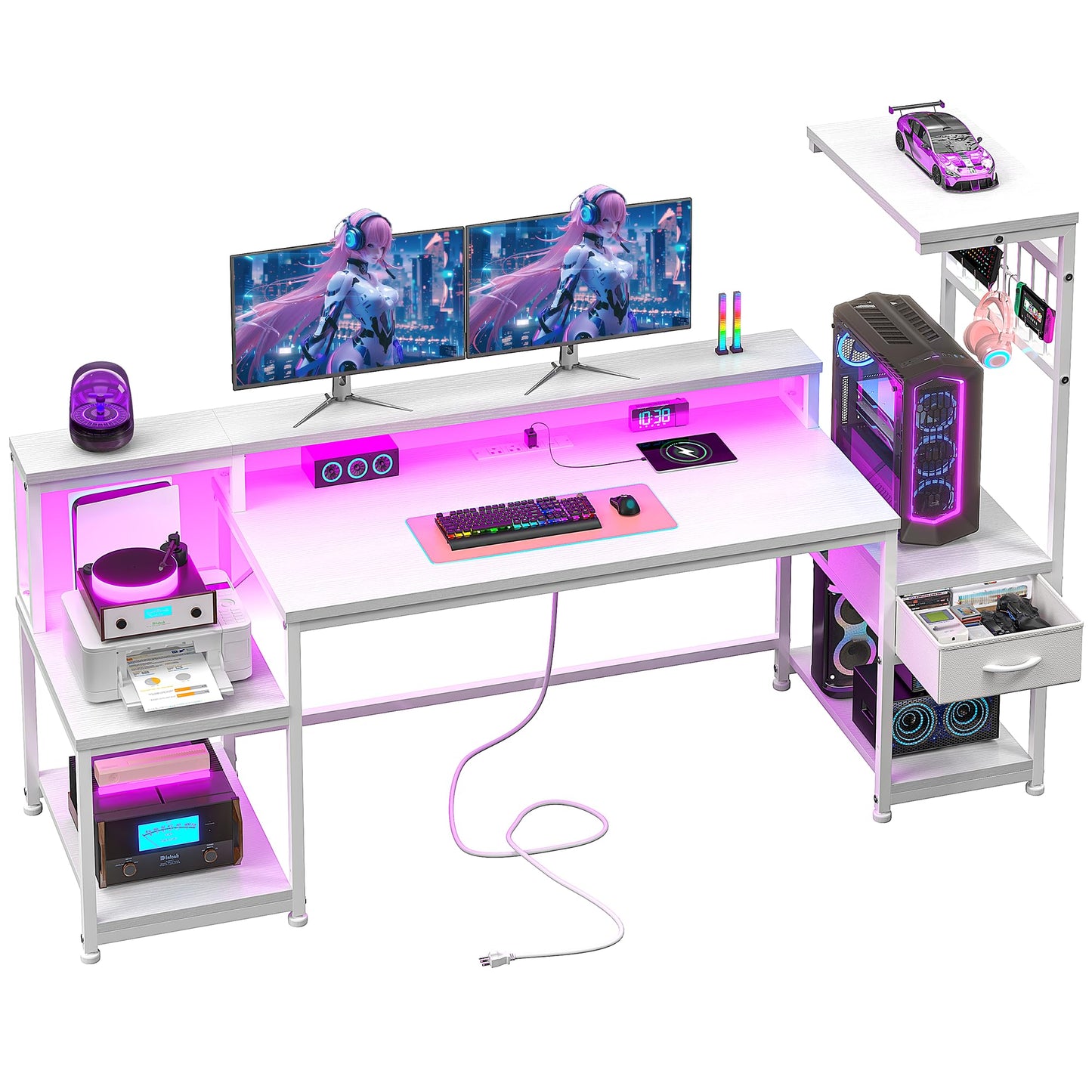 DurayLoly 63" Gaming Desk with LED Lights & Outlets,Computer Desk with Drawers & Monitor Stand,Gaming Table with Storage Shelves & Printer Space for Game Room,Home Office,Bedroom,White