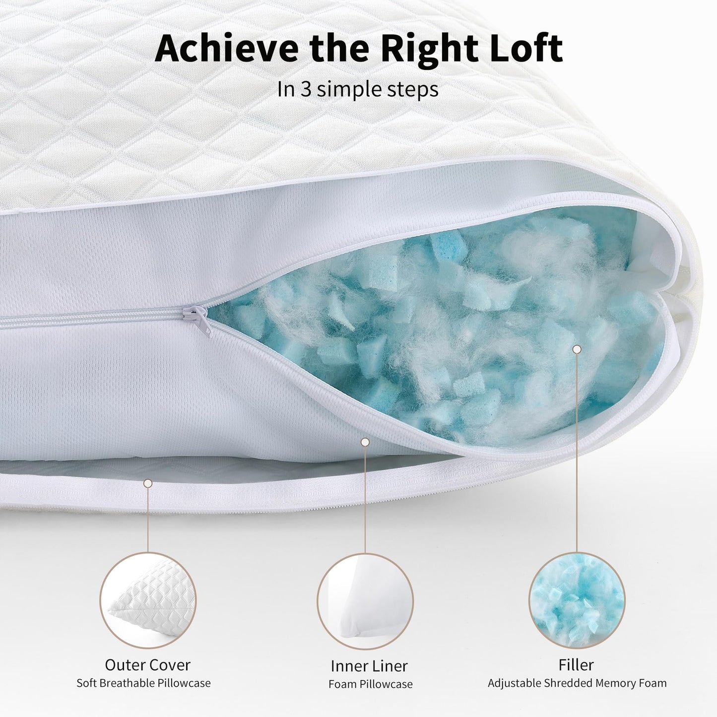 DAYLUCK Adjustable Bed Pillows Standard/Queen Size Set of 2 - Cooling Bed Pillows for Sleeping Shredded Memory Foam Pillows, Bedding for Side/Back/Stomach Sleepers (Washable Removable Cover)