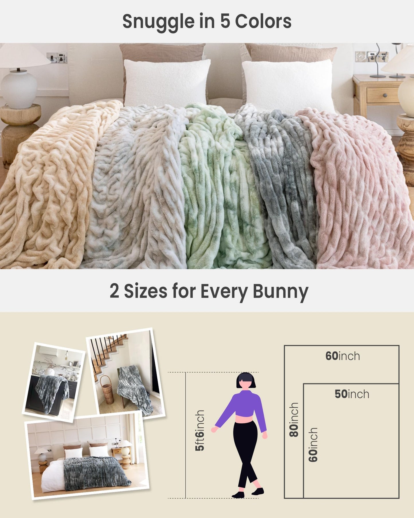 blunique Faux Fur Blanket, Twin Size Oversized Throw Blanket for Couch, Fluffy Blanket with Stretch Ruched Design, Ultra Soft Giftable Home Decor, 60x80 inches, Tie-Dyed in Sage Green