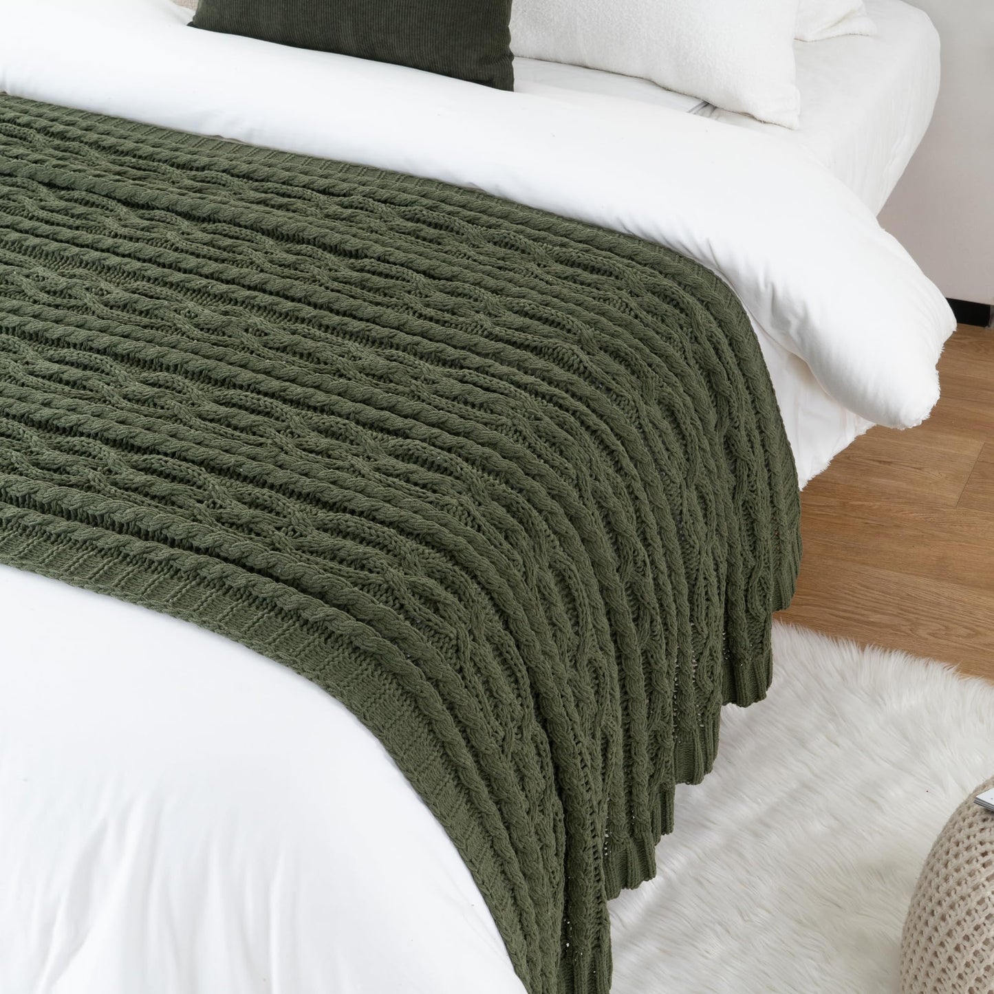 Battilo Olive Green Knit Throw Blanket for Couch, Woven Chenille Throw Blankets for Living Room, Sofa, Soft Chunky Knit Blanket, Decorative Couch Blanket, 51"x67"