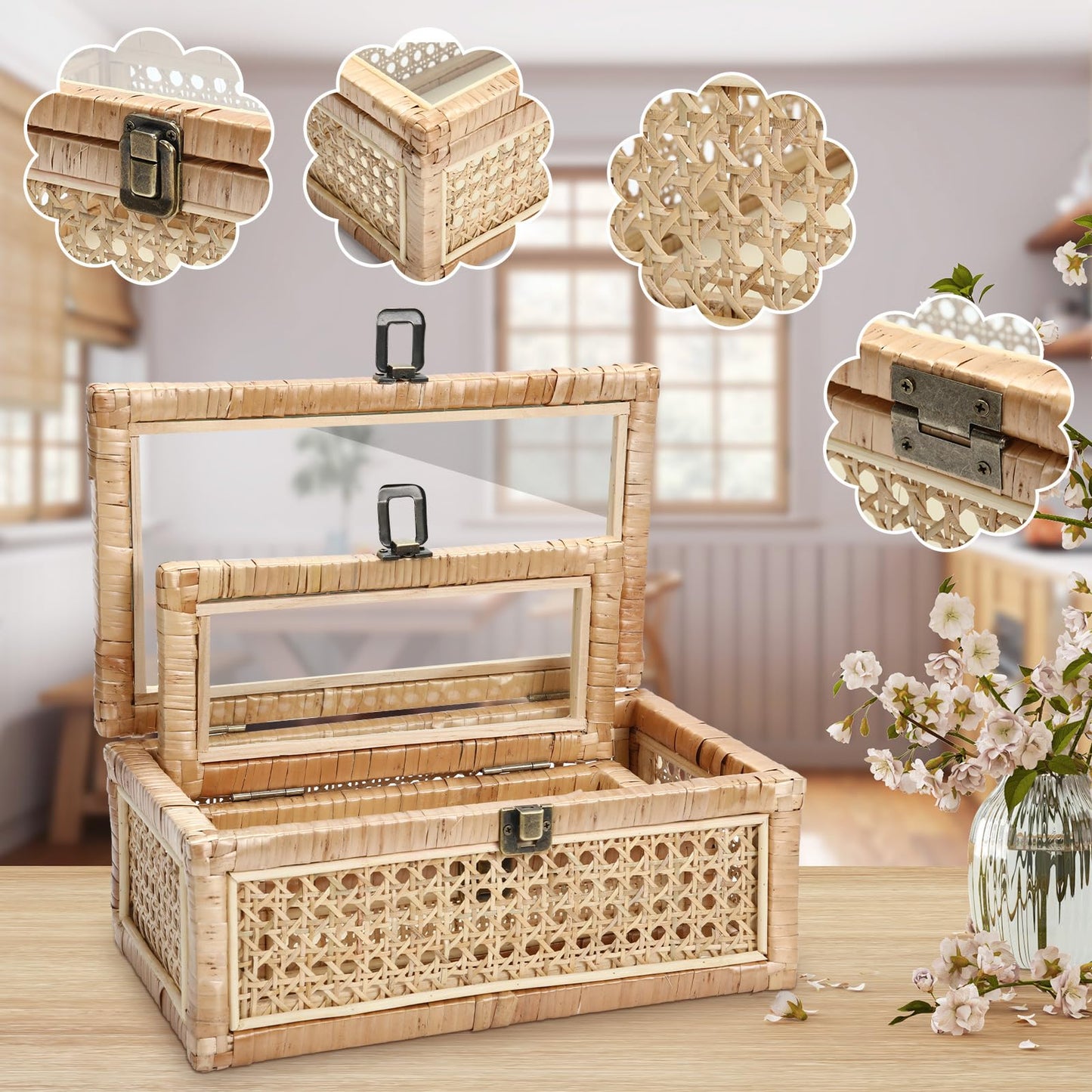 LOYIM Set of 2 Boho Rattan Decorative Box with Glass Lid Rectangular Woven Cane Stacking Boxes for Display Rustic Farmhouse Storage Basket Bins for Home Decoration