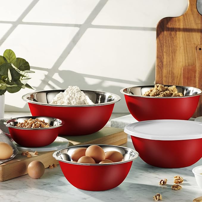WHYSKO Stainless Steel Mixing Bowl Set, 10 Piece Stainless Steel Mixing Bowls with Lids Set for Food Prep Storage and Serving, Dishwasher Safe for Kitchen Baking Cooking, Red