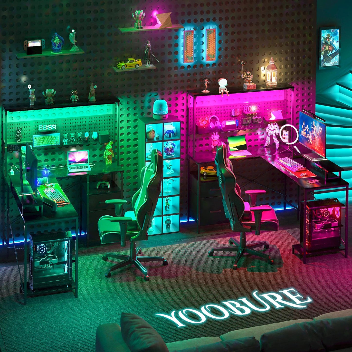 Yoobure L Shaped Desk with Pegboard, Reversible Computer Desk with Drawers & Storage Shelves, Gaming Desk with LED Lights & Power Outlets, Office Desk with Monitor Stand Corner Desk Home Office Desks