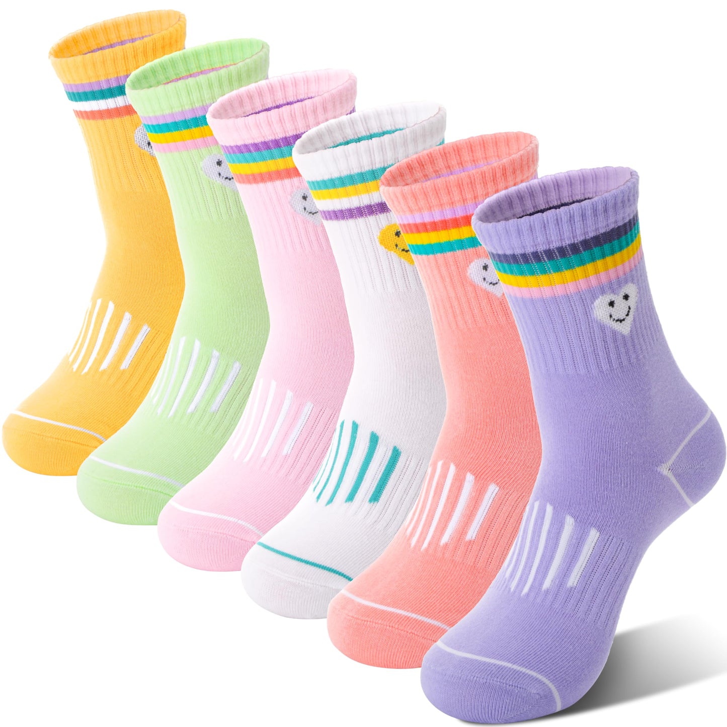 Sandsuced Kids Girls Socks Athletic Sport Basketball Youth Cotton Crew Soft Colorful Heart Gift Outdoor Socks 6 Pairs Stocking Stuffers(Colorful Stripes Face,9-15 Years)