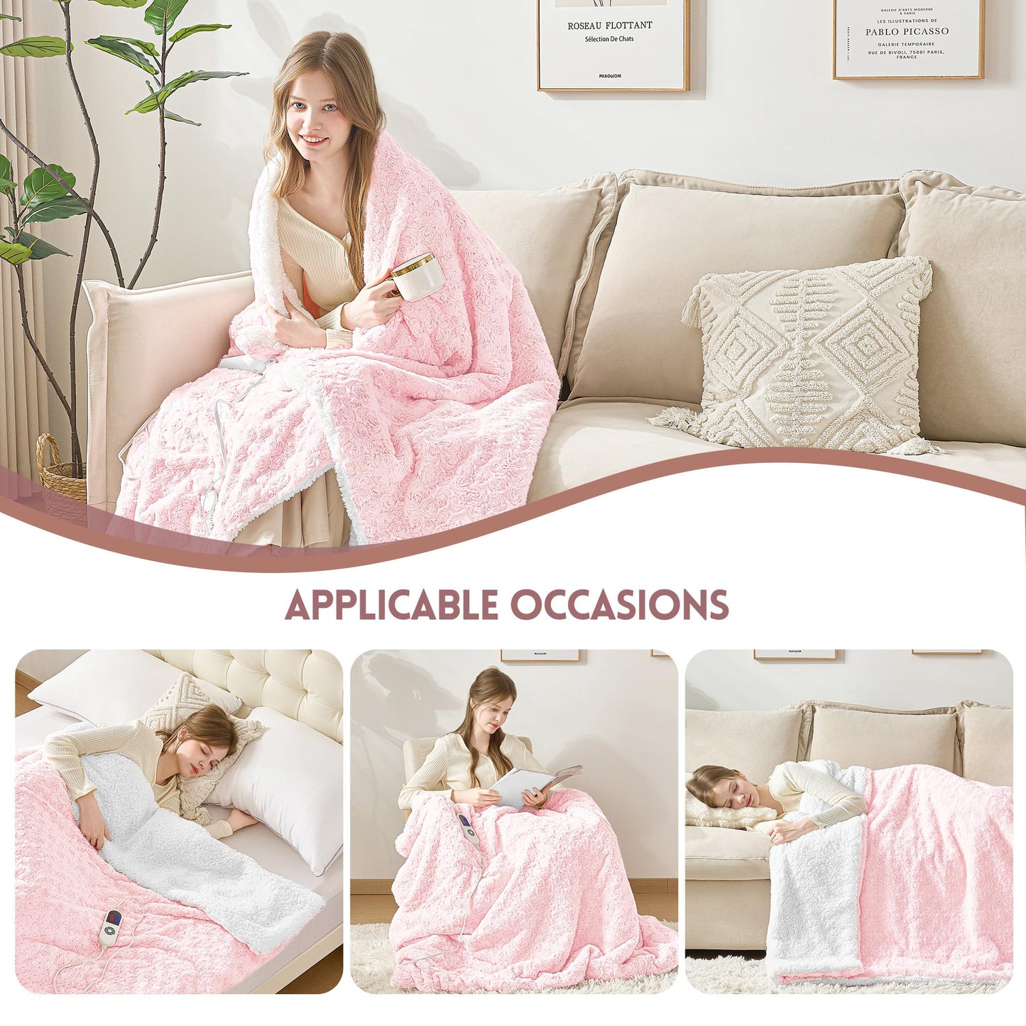 MAXEVE Heated Blanket Electric Throw 50"x60" Faux Rabbit Fur Blankets with 6 Heating Sets & 12 Hours Auto Off, Warm Gifts for Grandma Wife, ETL Certification