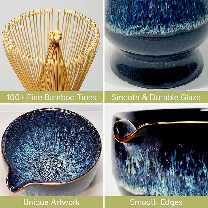 Matcha Whisk Set with Ceramic Bowl - Bamboo Whisk (Chasen), Scoop, Sifter & Holder - Complete Kit for Traditional Matcha Tea - Unique Gifts for Women, Men, Tea Lovers (Luminous-Auric-Sands)