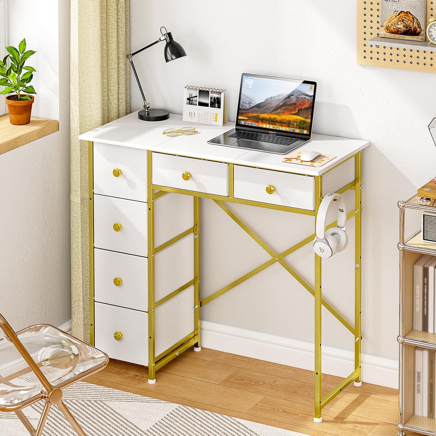 3IngSeagulls Small Computer Desk with 6 Drawers, 32 Inches Work Table for Home Office, Writing Desk with Storage, Compact Study Desk for Small Spaces, Kids Study Desk for Bedroom, White and Golden