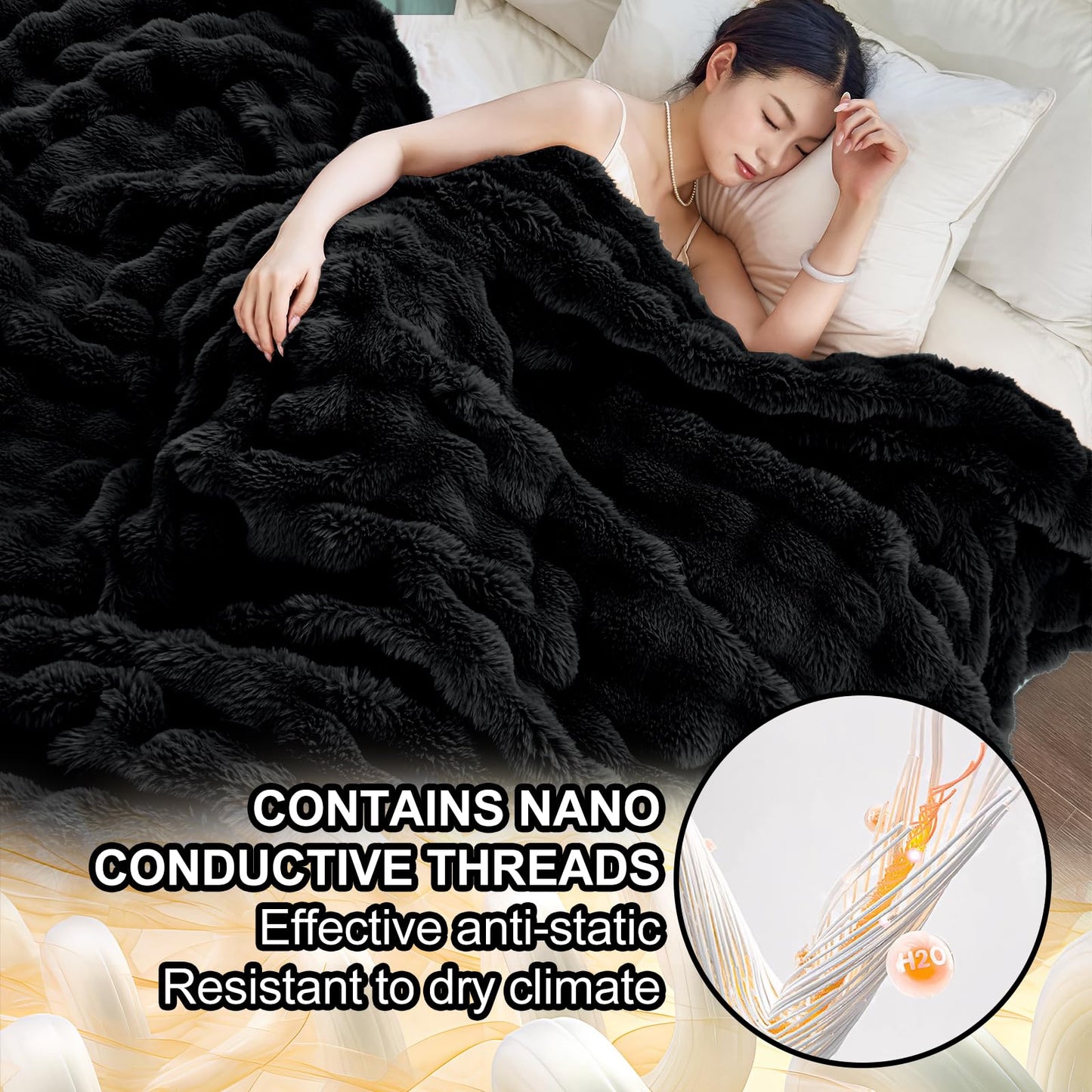 Moenchy Faux Fur Black Throw Blanket for Couch - Super Soft Heavy Flufyy Thick Bubble Throw Blankets for Bed Bedroom Living Room Farmhouse Sofa Chair Fall Winter Warm, 50x60 Inch