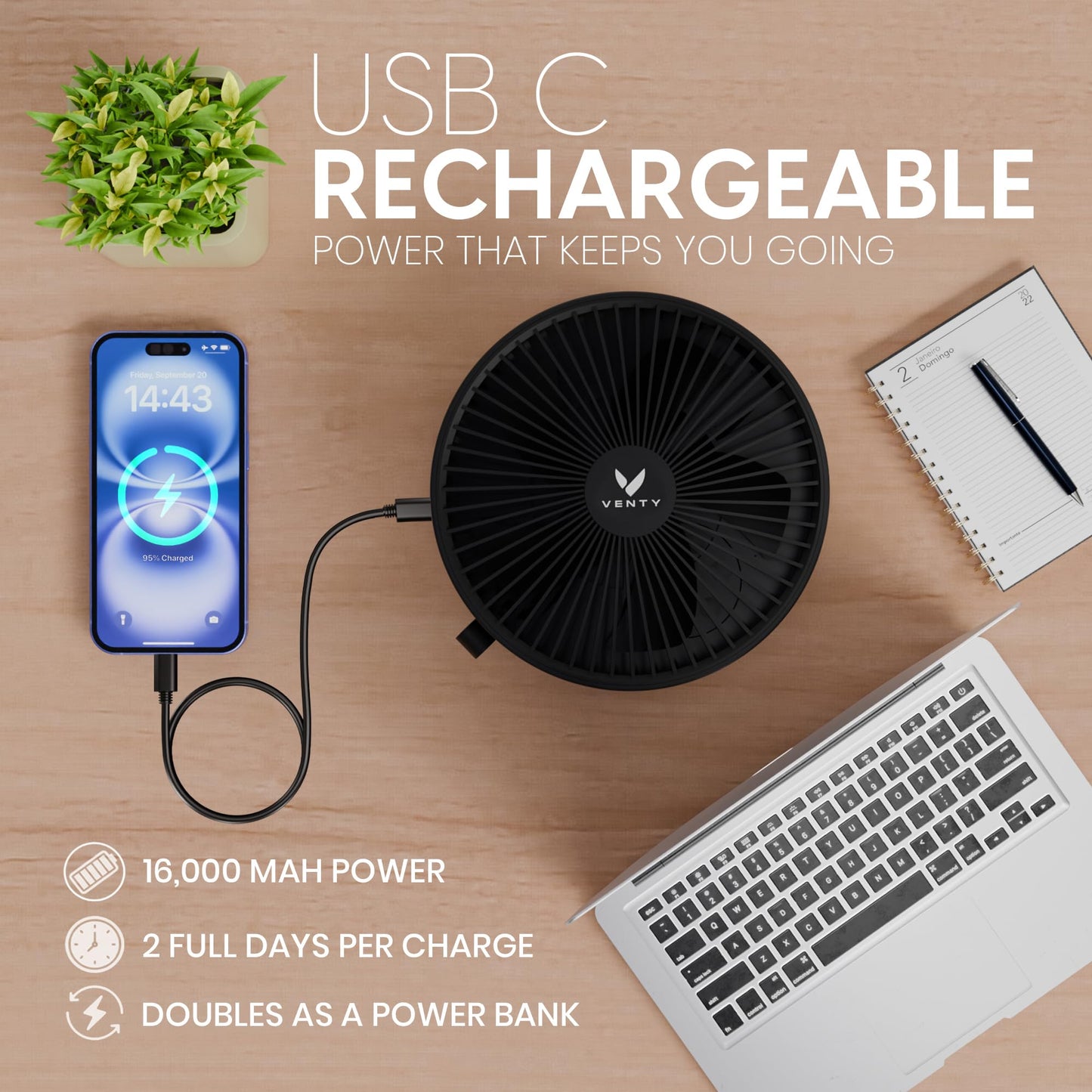 VENTY Portable Fan - Wireless Battery Operated Fan - 4 Speeds - LED Lighting - Carry Case & Remote Control - Cruise Travel - Outdoor Travel RV Power Bank With USB-C Port (Black with Case)