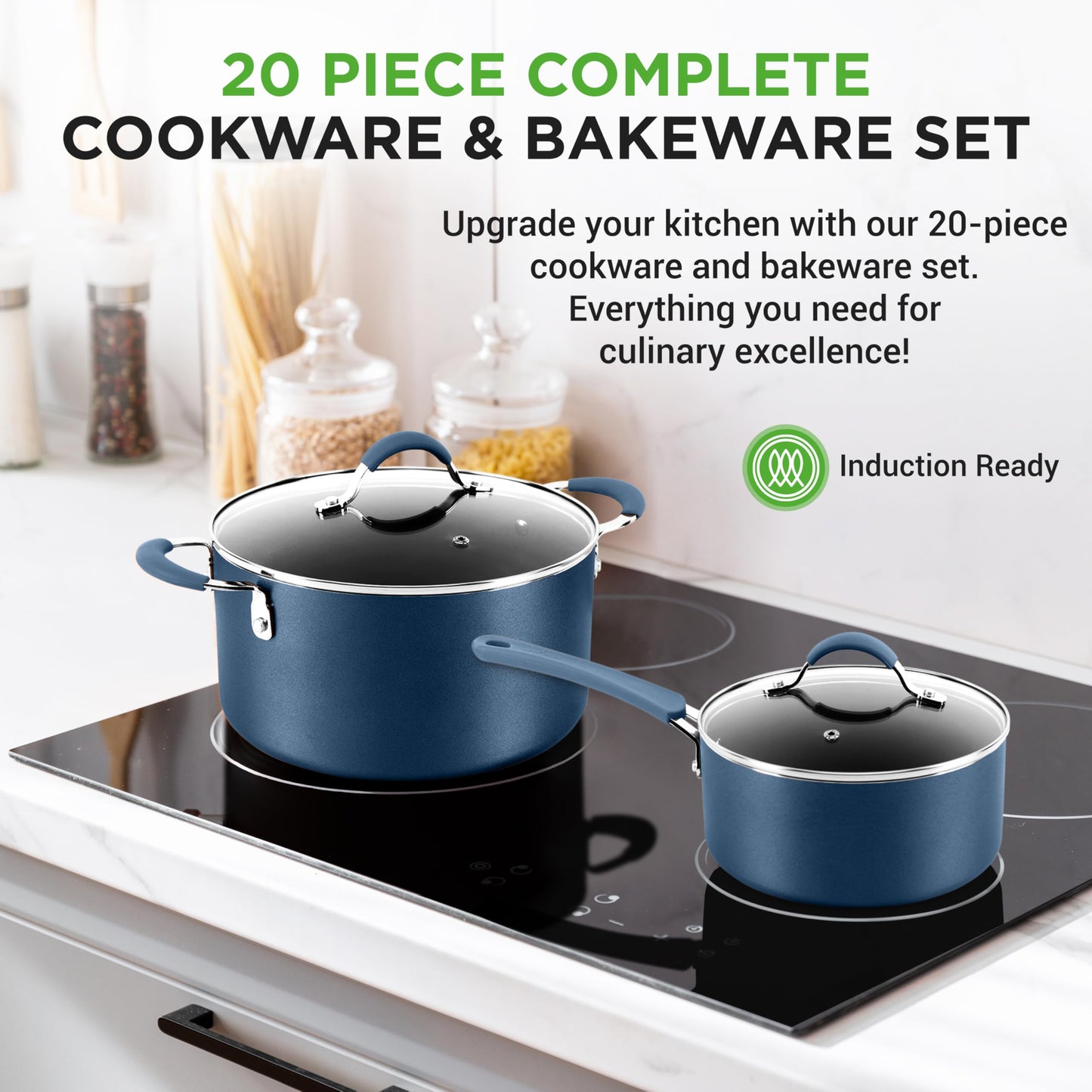 NutriChef Professional 20 Pc Kitchen Set in Navy Blue - Durable Non-Stick Pots and Pans with Bakeware, Compatible with Any Cooktop, Easy Clean
