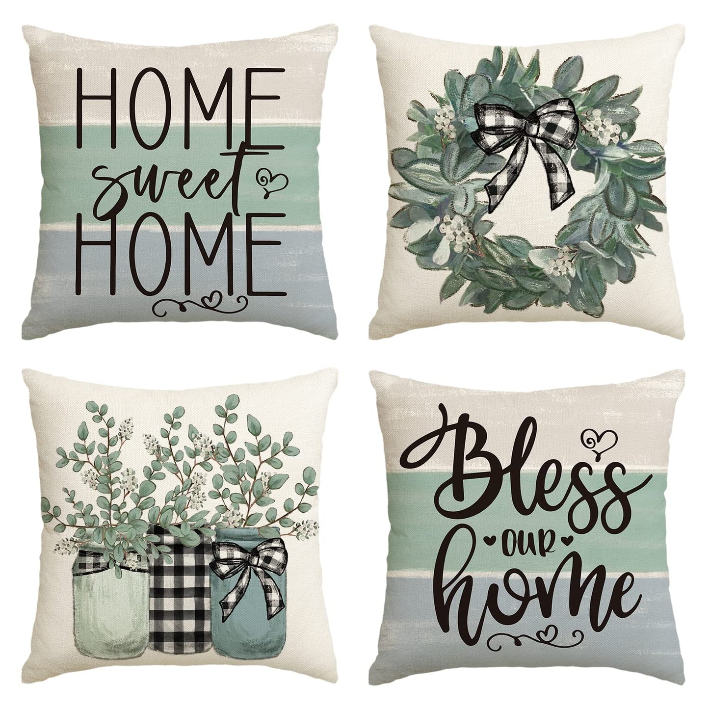 AVOIN colorlife Spring Sweet Home Eucalyptus Lamb Ear Wreath Throw Pillow Covers, 18 x 18 Inch Bless Our Home Buffalo Plaid Cushion Case for Sofa Couch Set of 4