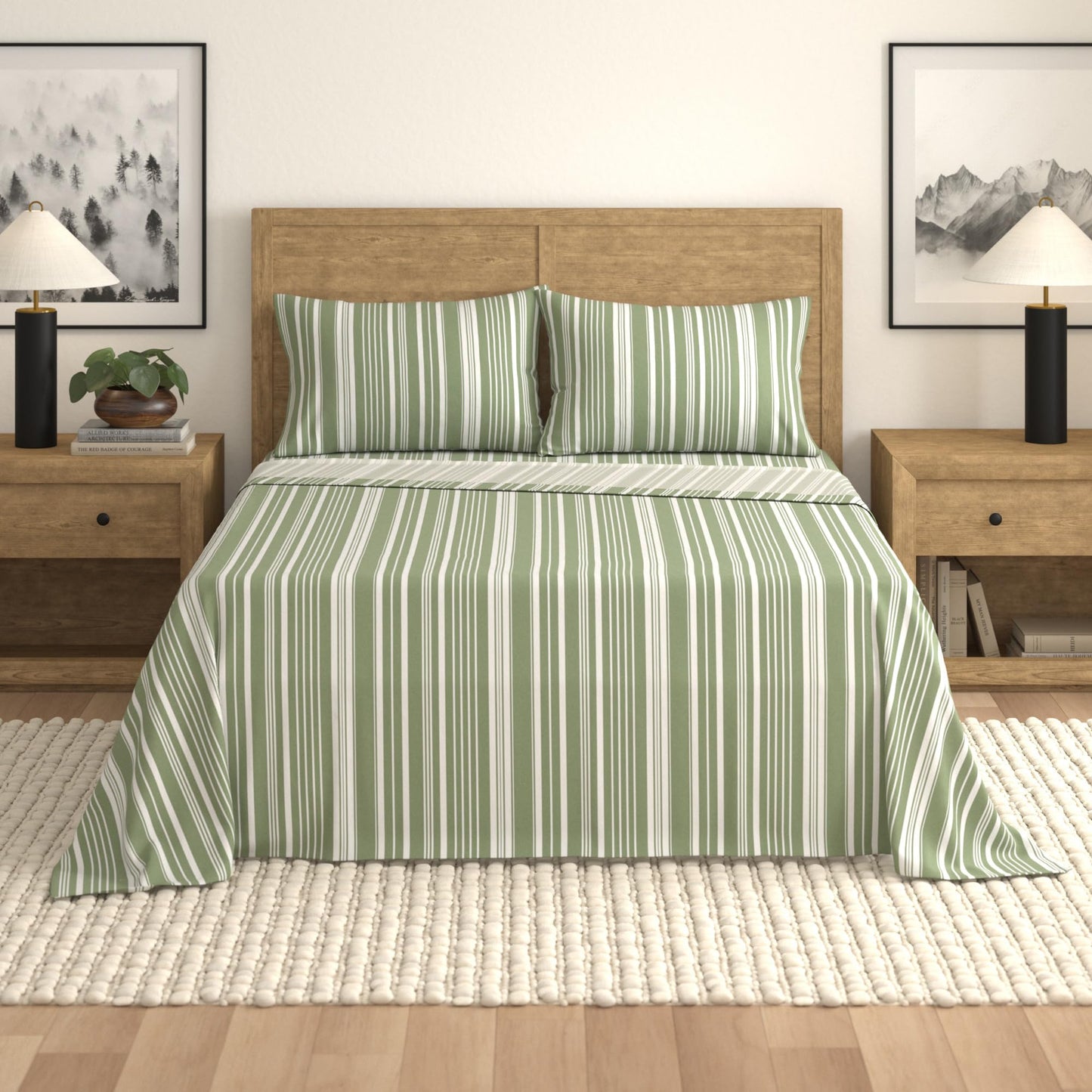 King Size Microfiber Sheet Set - Green Striped 4-Piece Bed Sheets - Ultra-Soft and Smooth Brushed Microfiber Bedding (King, Sage Green Stripe)