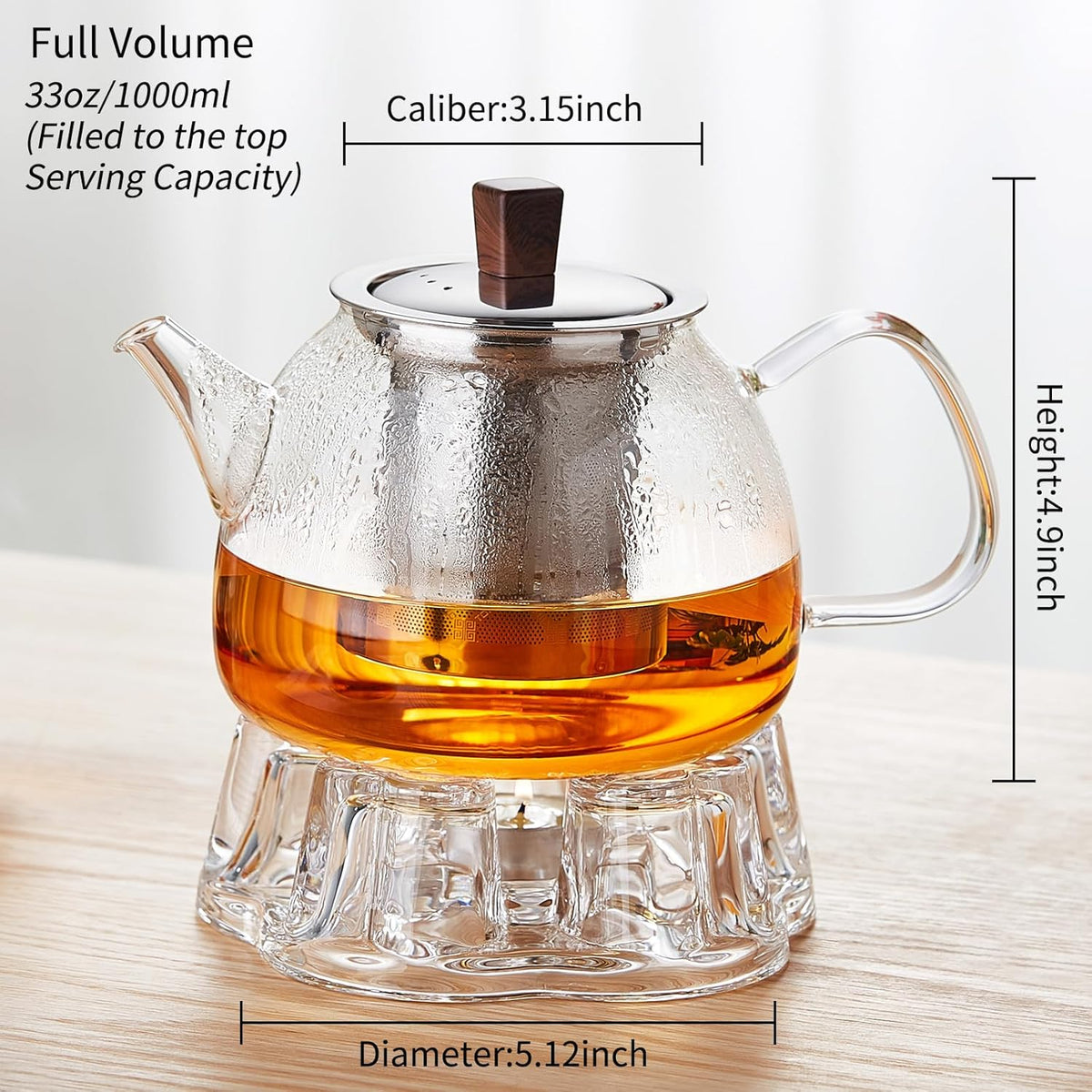 34OZ/1000ml Glass Teapot with Stainless Steel Infuser, Drip-Free Spout, and Wooden Knob Lid – Stovetop Safe Borosilicate Tea Kettle for Loose Leaf and Herbal Tea Brewing