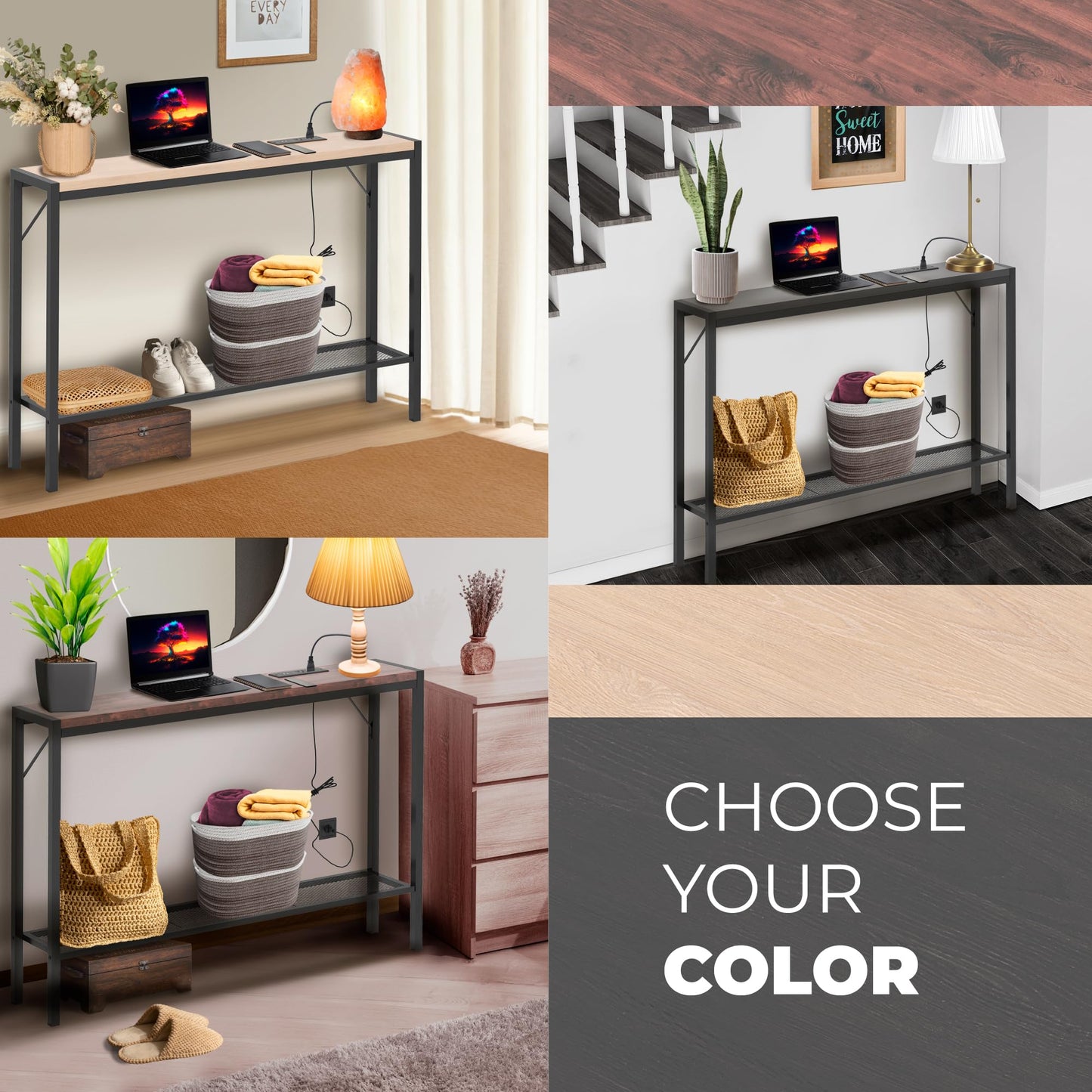 Entryway Table with Power Outlet, 43" Farmhouse Industrial Narrow Console Table with storage shelf, 2 USB and 2 Sockets Sofa Table for Entrance, Living Room and Hallway with long Power Cord, Beechwood
