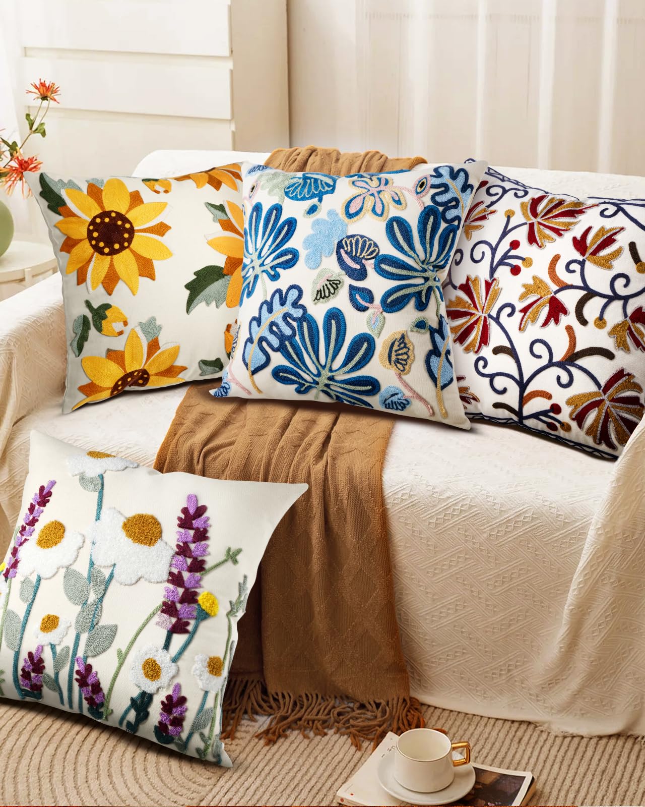 Kokaaee Embroidered Throw Pillow Cover - 18x18 inch Decorative Pillow Covers with Zipper Pillow Cover for Living Room Couch Sofa Bed Aesthetic Design Abstract Linen Cotton Pillowcase Covers