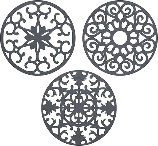 GASARÉ, Extra Large, Thick, 10" Silicone Trivets for Hot Dishes, Pots, and Pans, Hot Pads for Countertops, Flexible, Dishwasher Safe, 10 x ¼ Inches, Set of 3, Gray