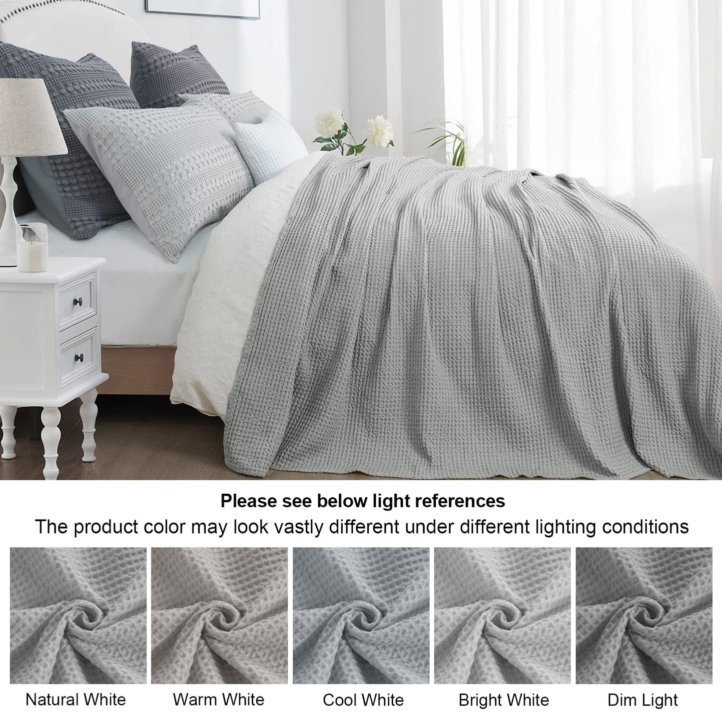 PHF Pre-Washed Cotton Waffle Weave Blanket King Size for Bed,Snag Proof Throw Blanket for Couch Spring Summer Lightweight Breathable,Oeko-TEX Certified,Machine Washable,Home Decor Gift，Light Grey